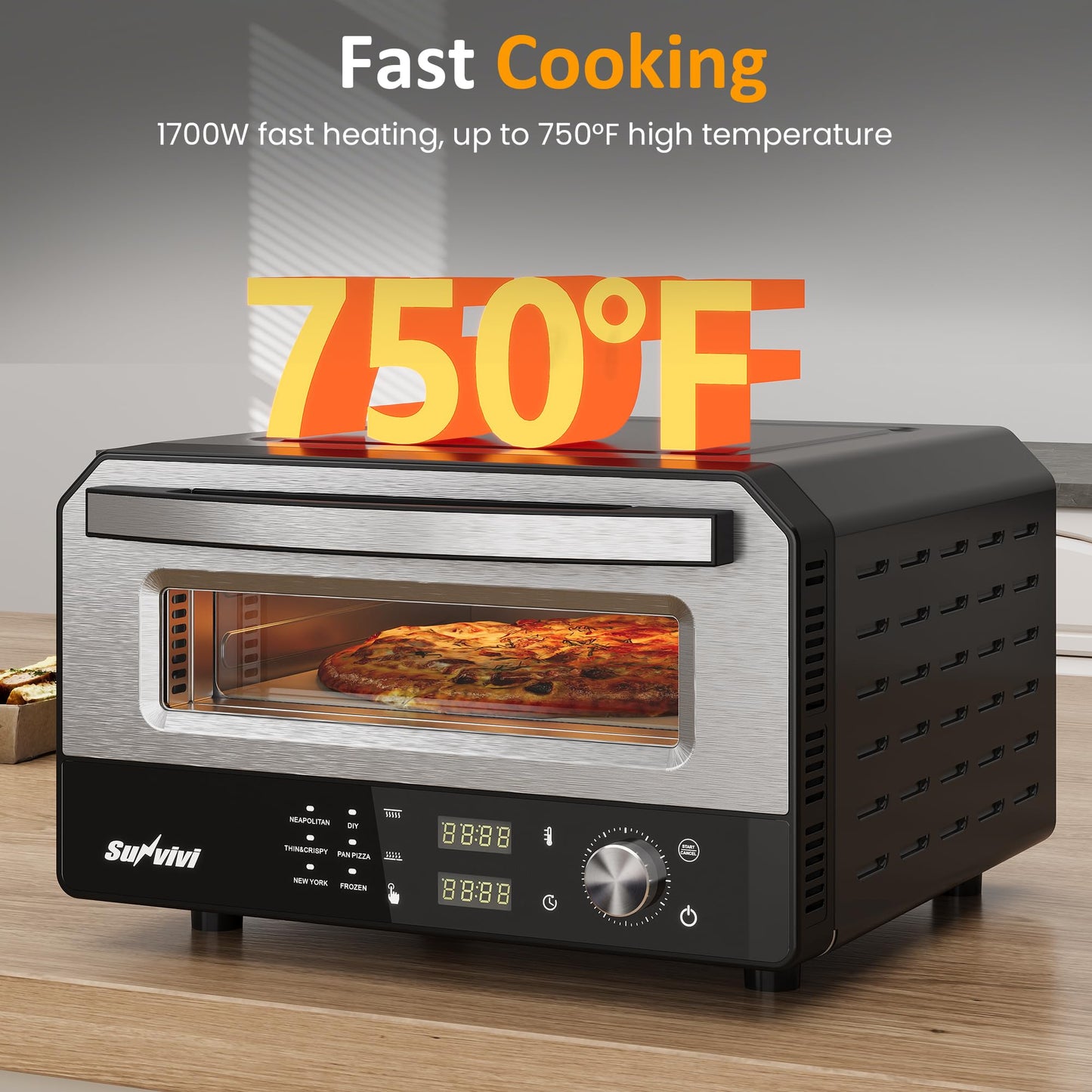 Sunvivi Electric Indoor Pizza Oven: Countertop Pizza Maker with 6 Presets, Heats up to 750℉, 12" Portable Pizza Cooker Warmer with Control Knob, Pizza Stone, Pizza Peel, Pie Maker for Home, Camping