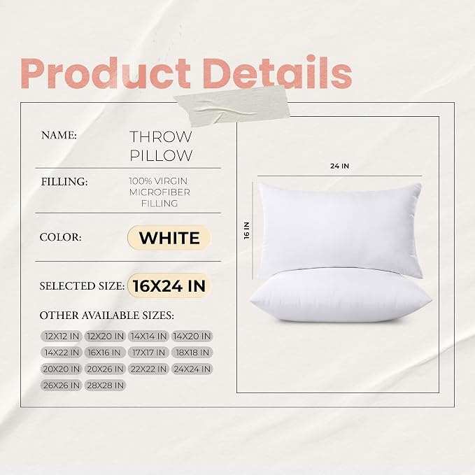 Utopia Bedding 16x24 Pillow Inserts, Set of 2, White – Indoor Decorative Throw Pillows for Bed, Sofa & Couch – Soft, Supportive & Fluffy Cushion Inserts