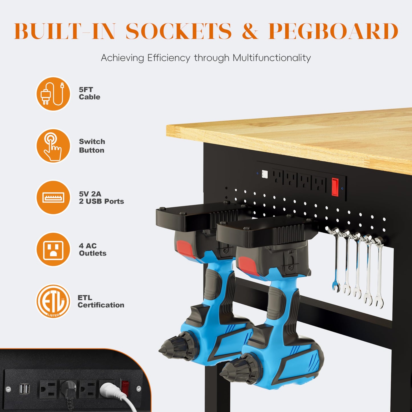 Betterhood 60" Adjustable Workbench on Wheels, 2000 LBS Heavy Duty Work Table with Power Outlets & Pegboard, Rubber Wood Workstation for Garage, Workshop, Office, Home, Commercial