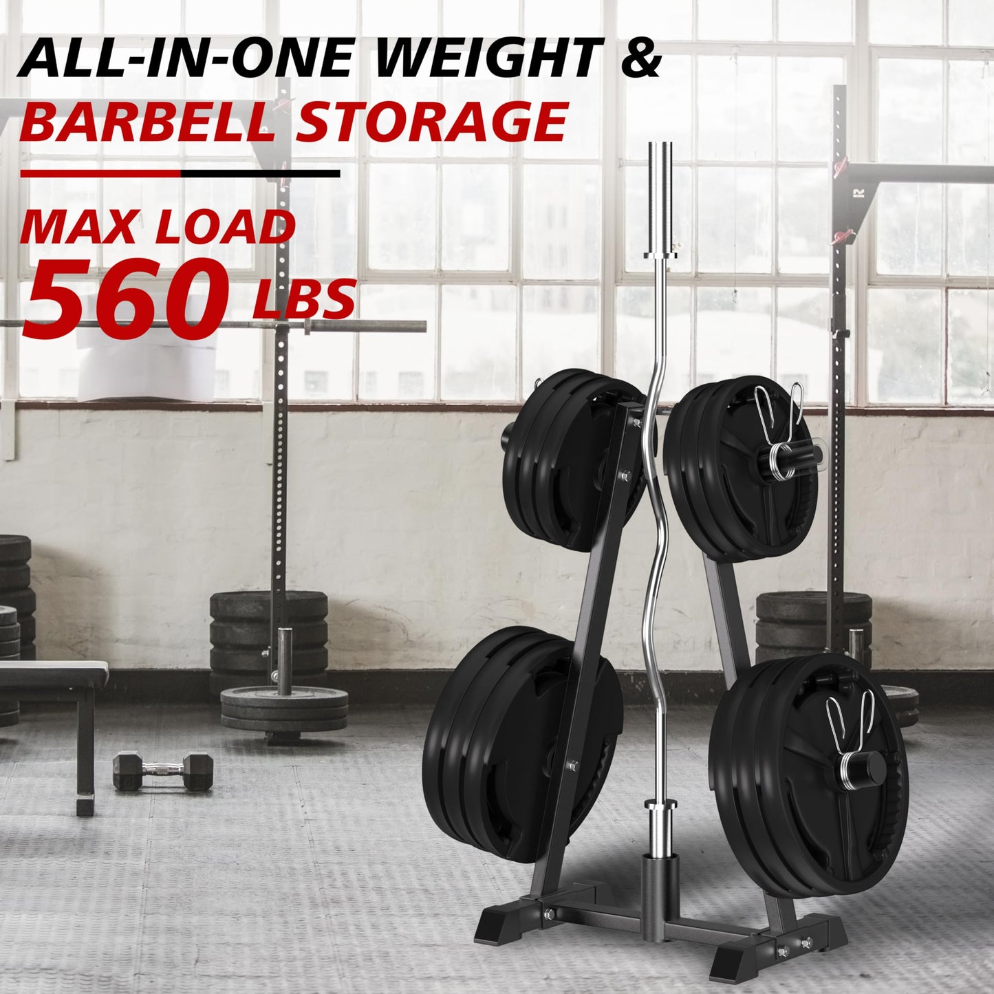CHICAURA Weight Plate Tree, Universal 1" & 2" Olympic Weight Rack for Plates, A-Frame Bumper Plate Storage with Barbell Holder, 560 LBS Weight Holder Stand for Home Gym