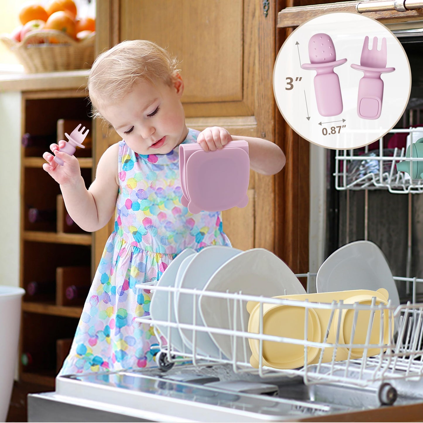 yahaa Baby Plates with Suction with Forks and Spoons, Foldable Silicone Toddler Plates, Baby Travel Essential, Microwave & Dishwasher Safe, Baby Blue