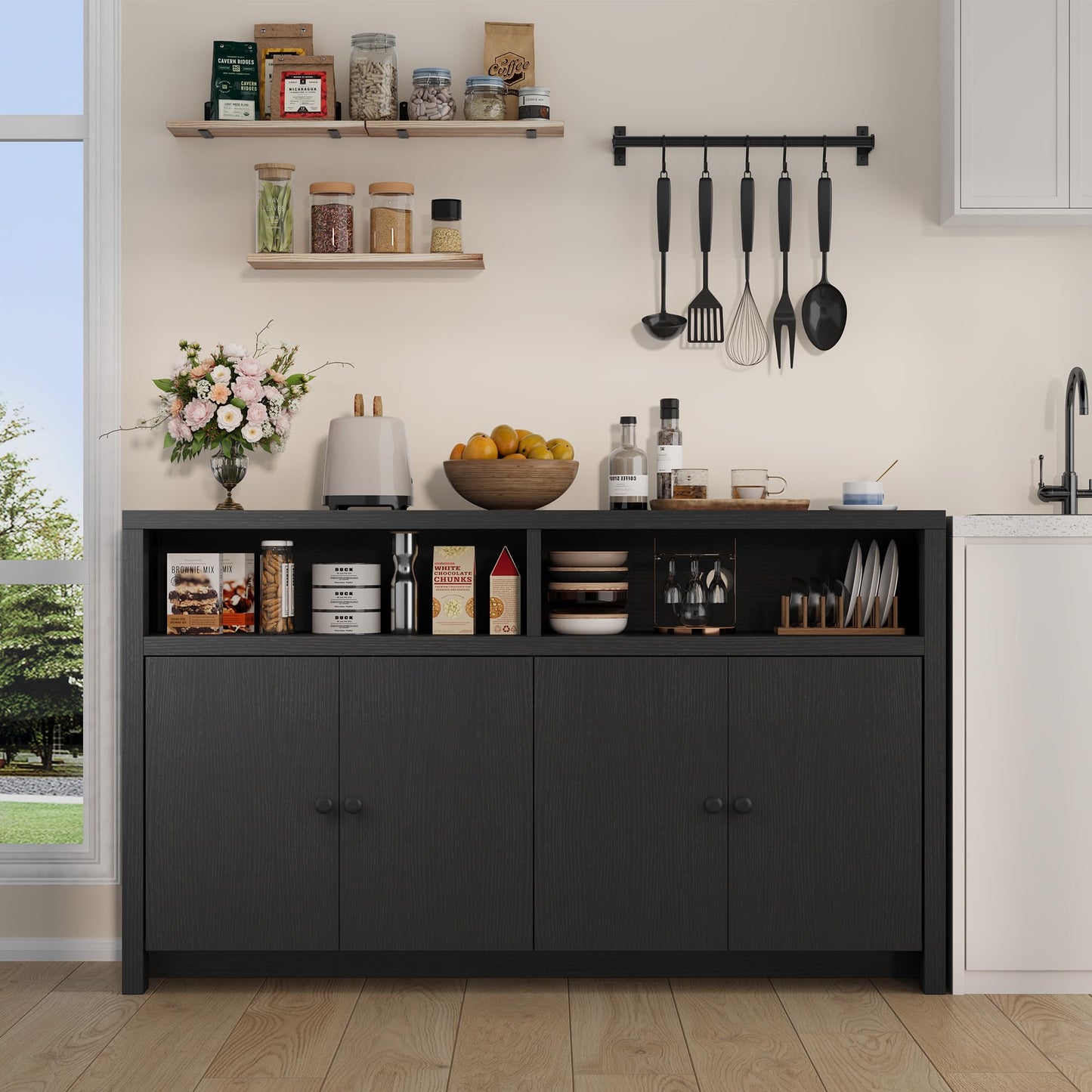 Garvee Buffet Sideboard with Storage, 4 Doors & Adjustable Shelves, 55'' Large Farmhouse Kitchen Storage Cabinet Wood Coffee Bar Cabinet for Kitchen, Dining Room, Entryway, Living Room, Black