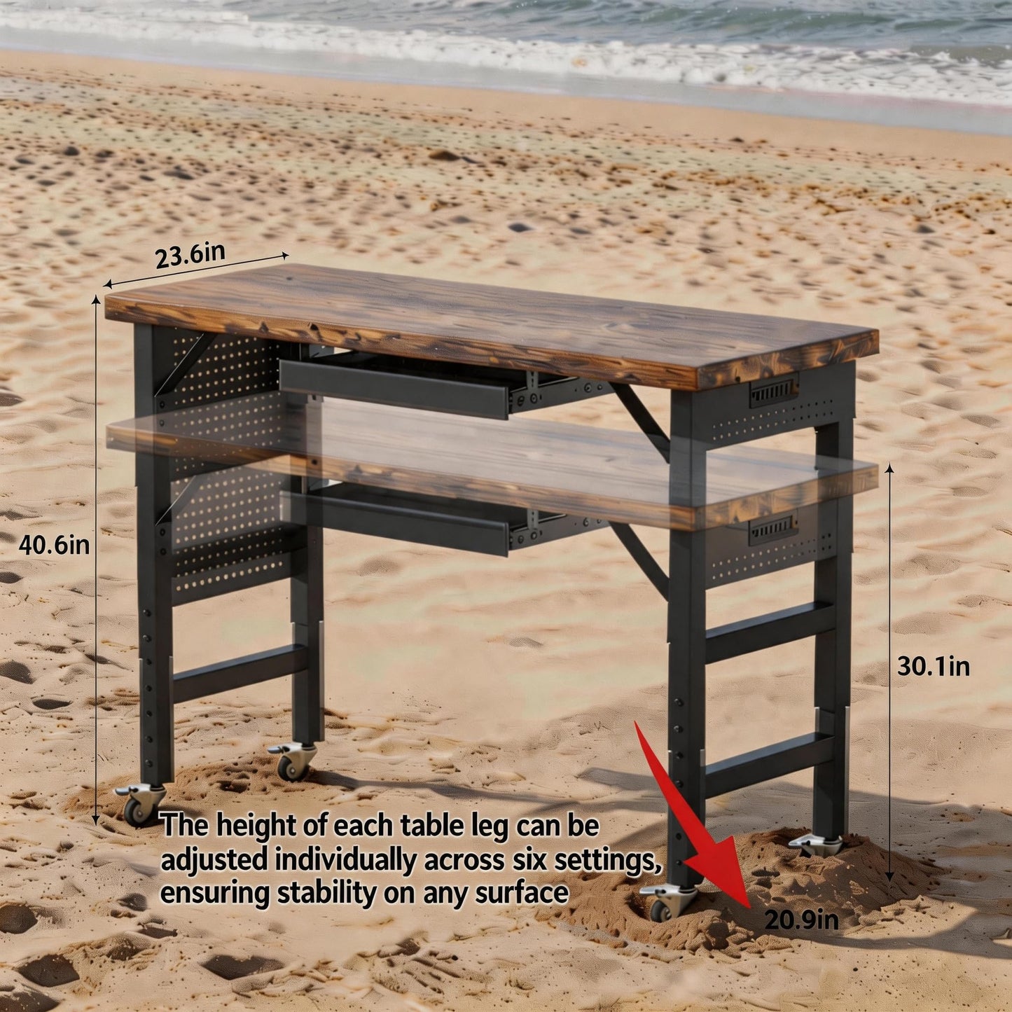 Heavy Duty Workbench Legs, 2000 LBS Load Metal Standing Desk Legs Height Adjustable 27.5“ to 40.5”, Features Lockable Wheels, Power Outlets, Pegboard and Drawers for Workshop, Office, Garage, Home