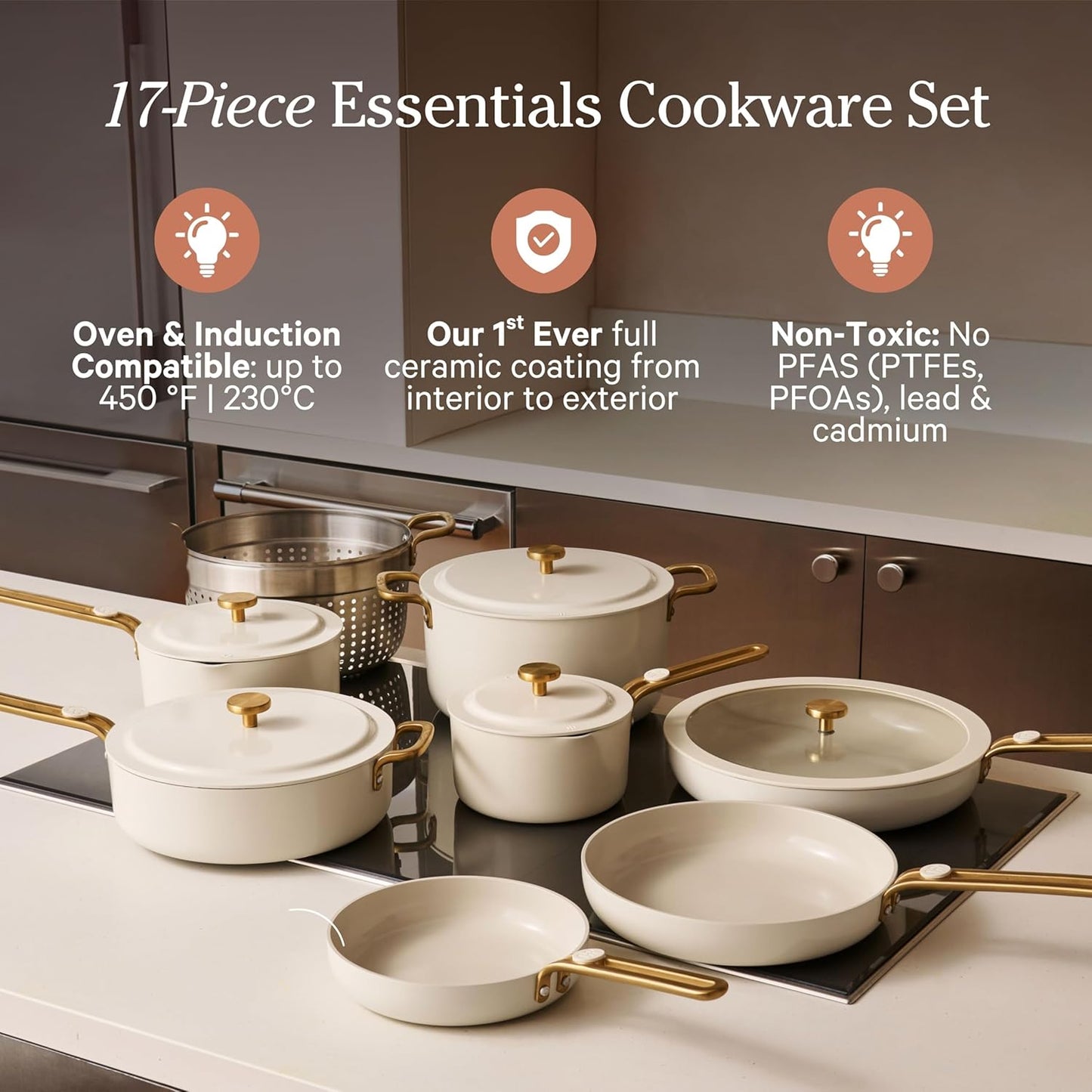 Our Place 17-Piece Complete Cookware Set - Nonstick Ceramic Fry Pans, Saucepans & Stock Pot | Oven Safe to 450°F | Cream