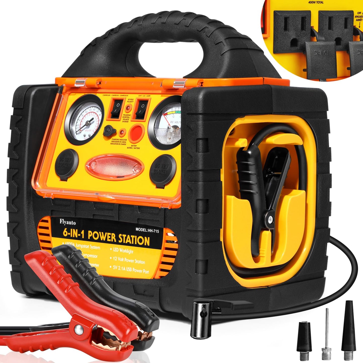 1800A Car Jump Starter with Air Compressor 150PSI,12V Portable Battery Jump Box (8.0L Gas/6L Diesel), Battery Booster with 400W Power Station AC/DC/USB