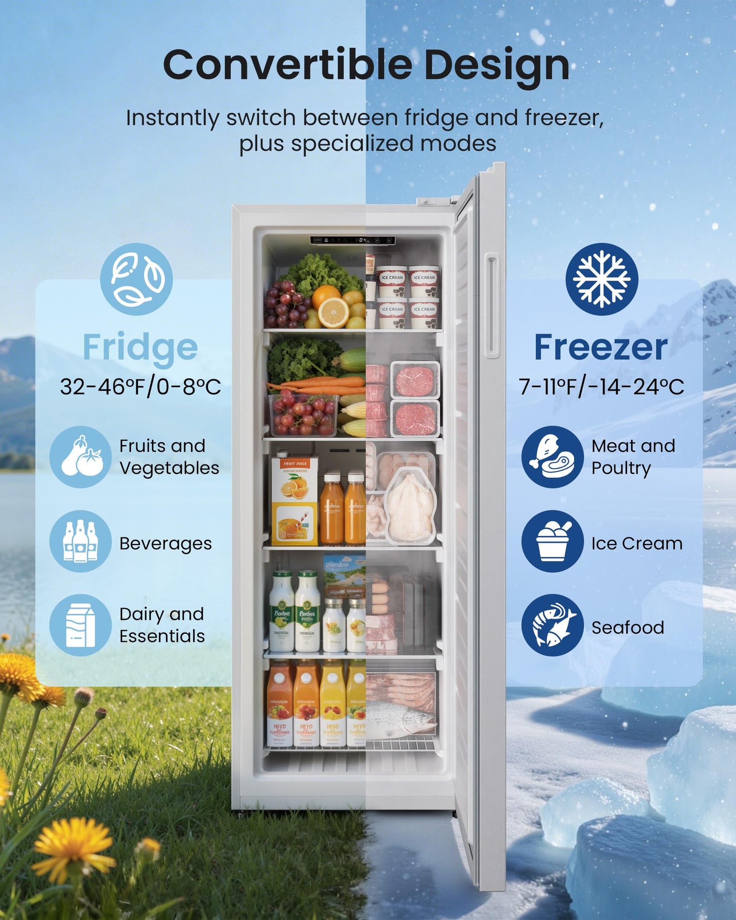 ICEVIVAL Upright Freezer, 11.0 Cu. Ft, Commercial Certified, Convertible 4-in-1 Refrigerator/Freezer, Garage Ready Stand Up Freezer, Freestanding Design for Home Kitchen Basement