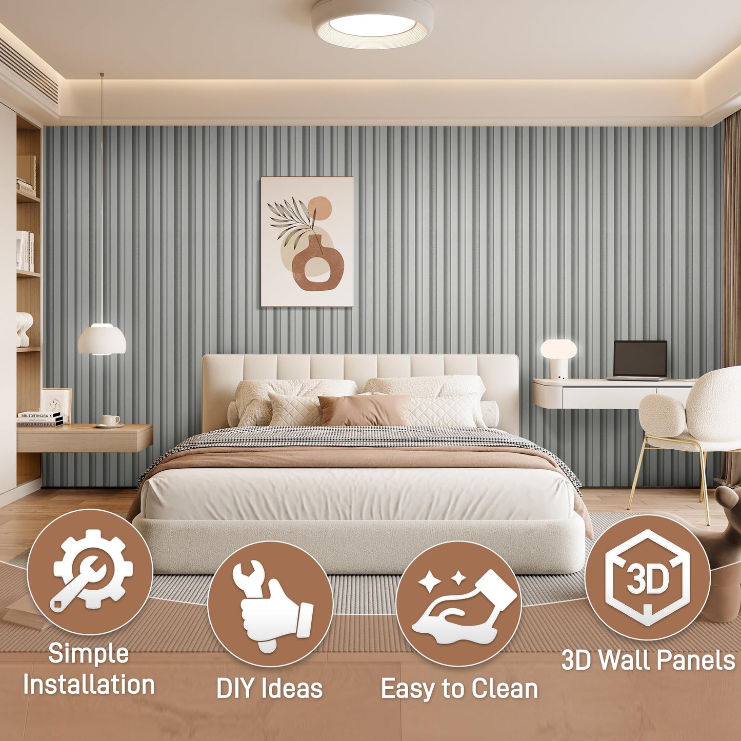 LETKEYS 16 Packs 3D Wall Panels, 48 x 6 Inch WPC Slat Wall Panels for Wall Decor, Fluted Accent Wall Paneling for Living Room Bedroom TV Background Study Room Office, Grey Oak