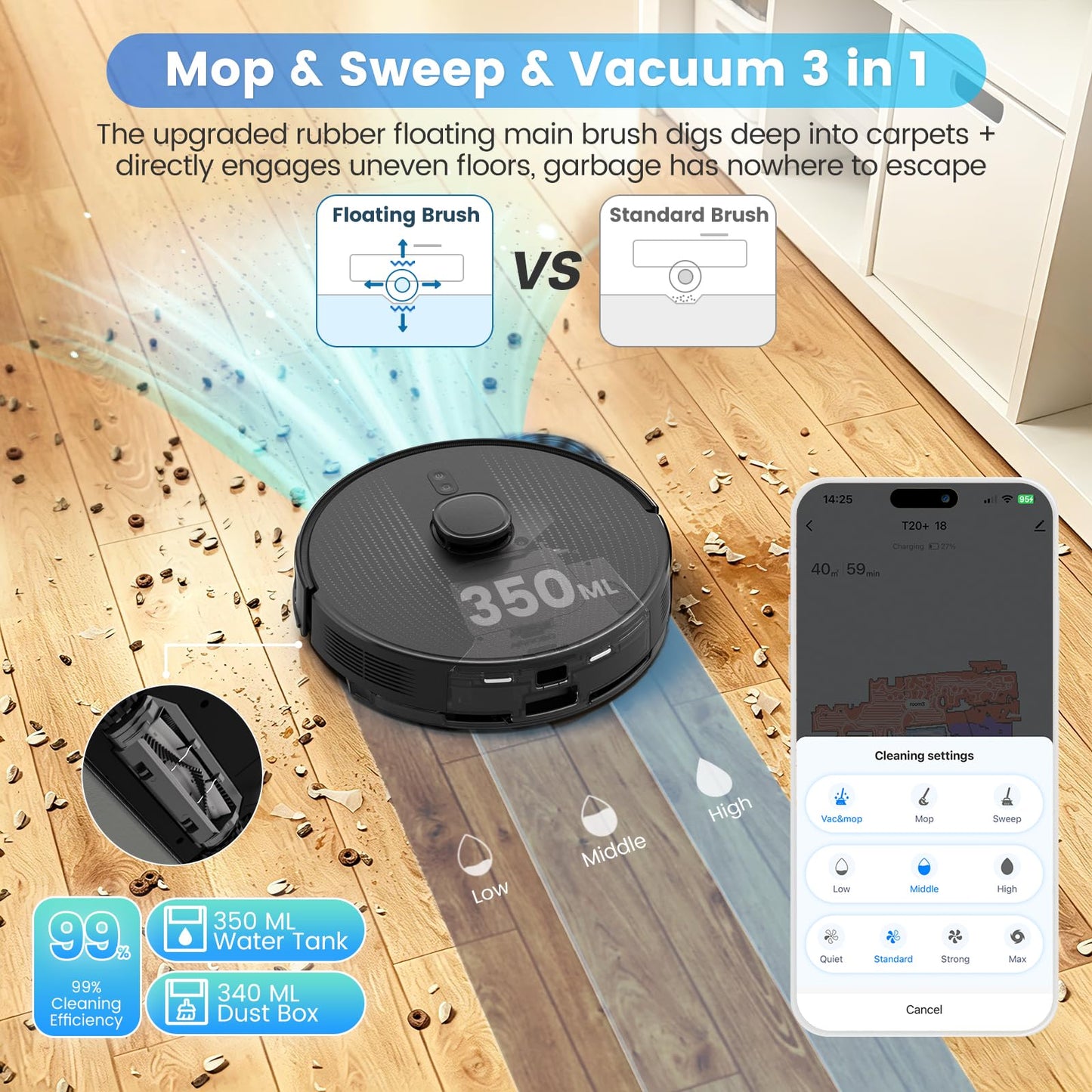 T20+ Self Emptying Robot Vacuum and Mop Combo, 6,000Pa Suction Robotic Vacuums, 75-Day Capacity, Home Mapping, APP & Voice & Remote, 180-Min Runtime, Robot Vacuum Cleaner for Pet Hair, Hard Floor