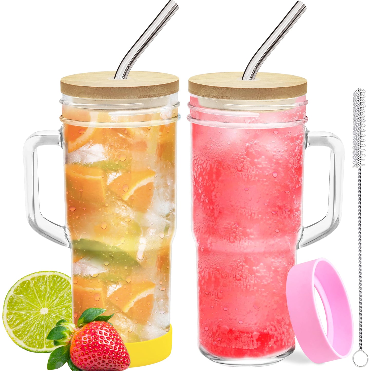 Glass Cups with Lids Straws 2Pack 24oz Mason Jar Tumblers Cup with Handle Wide Mouth Iced Coffee Cup Reusable Drinking Glasses Travel Mug for Smoothie Beer Juice Tea Gifts Clear