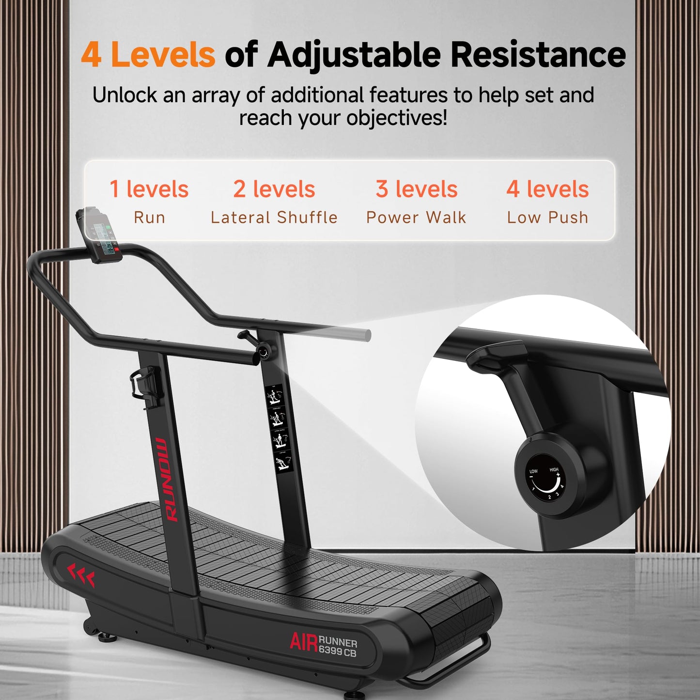 RUNOW Curved Treadmill with 4 Resistance Levels Non Motorized Manual Treadmill with LCD Display,Self Generated Air Runner for Home & Commercial Use 450LBS Capacity