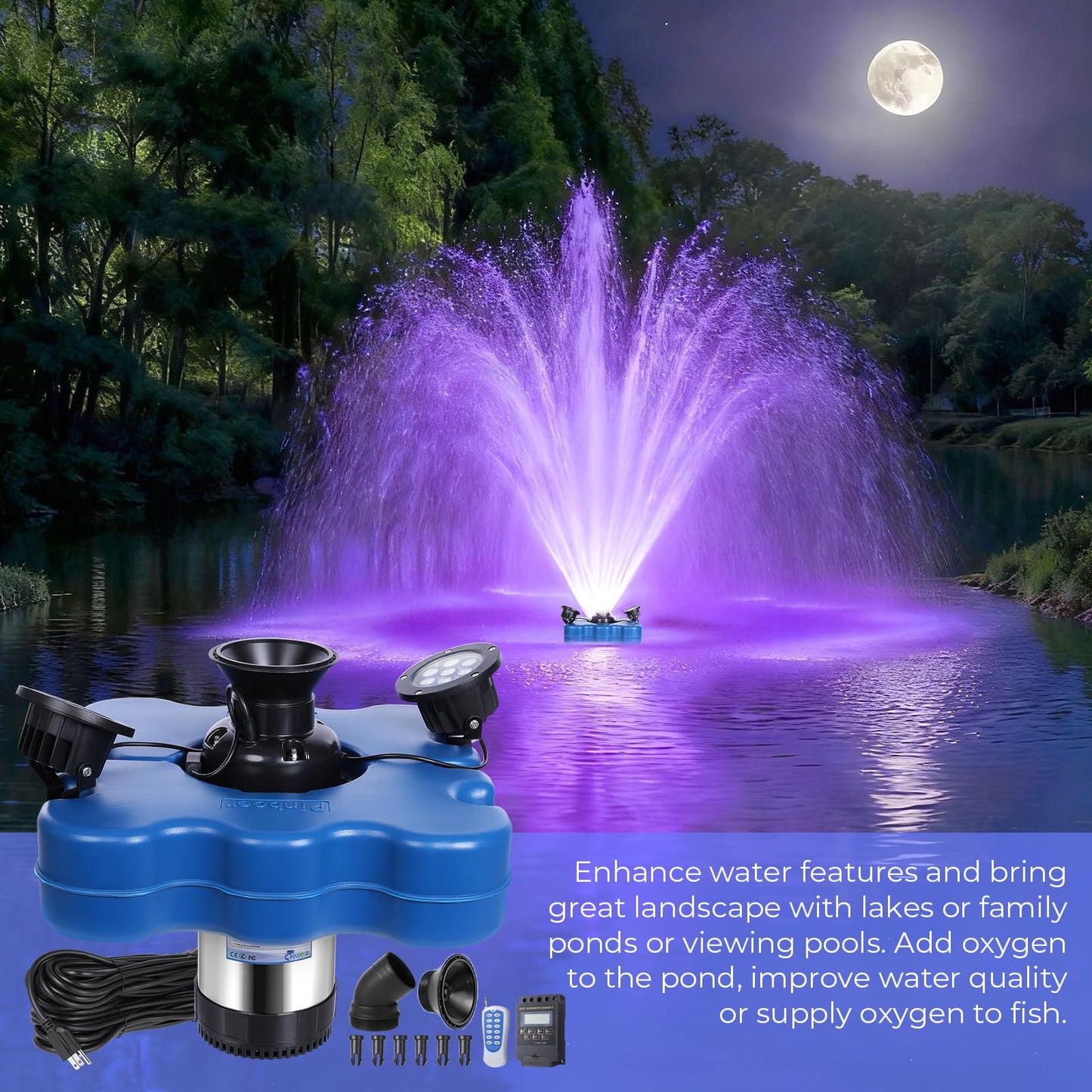 Pond Fountain Aerator with Led Lights RGB-15000 GPH,110V 1HP 750W Floating Fountain Aeration for Large Ponds,Aerating Fountain Pump for Outdoor Ponds & Lakes with 15A/100FT Power Cord