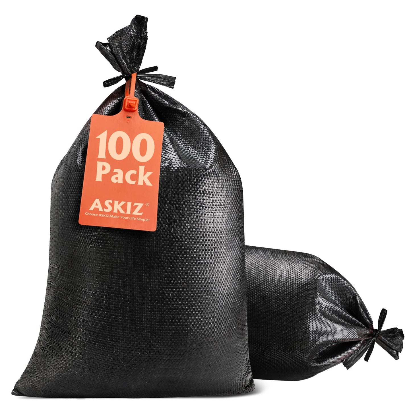 ASKIZ Heavy Duty Sand Bags with UV Protection - 16" x 25.5" Ultra Tough Polypropylene Sandbags for Hurricane Flooding (Black 100 Bags)
