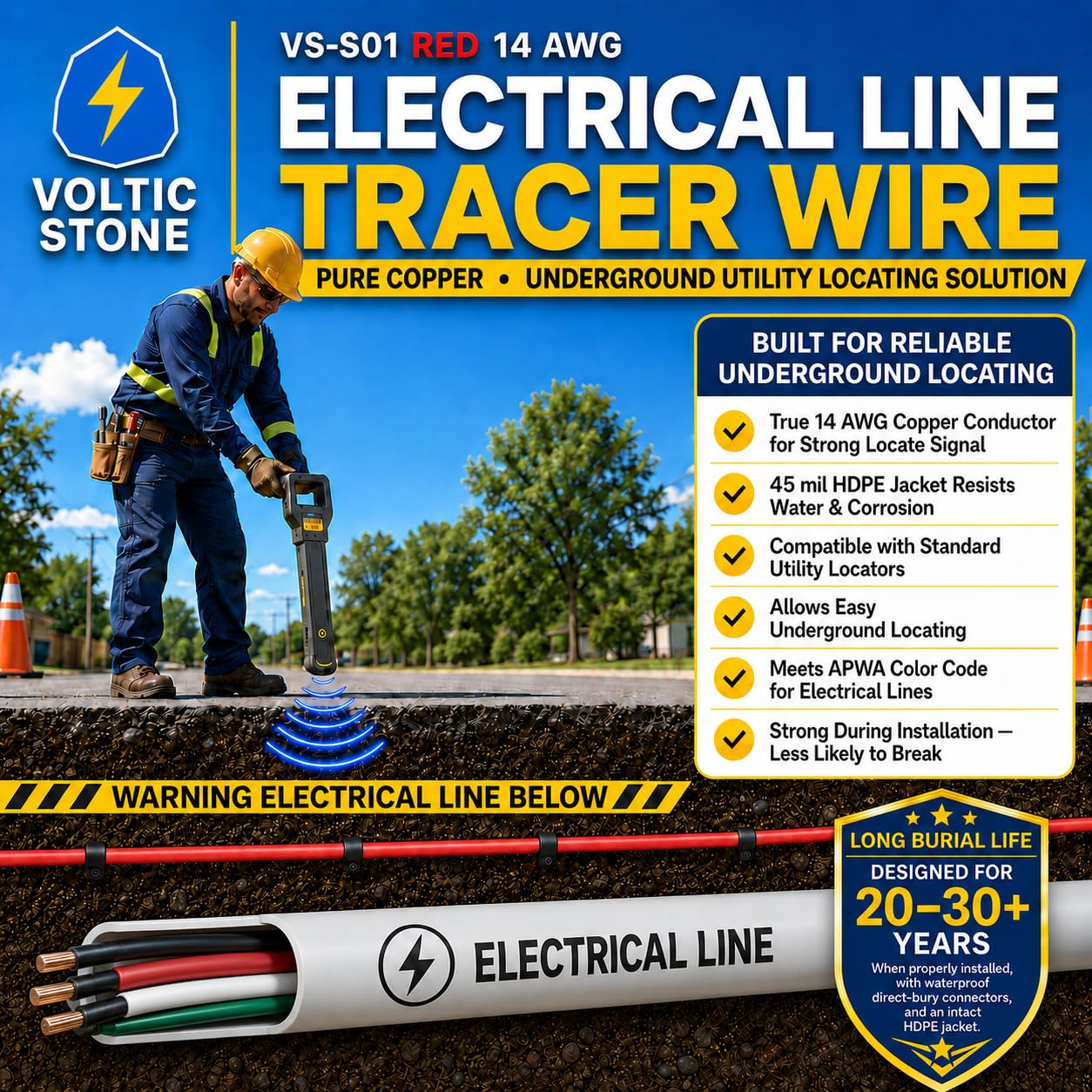 Voltic Stone 14 AWG Red Electrical Conduit Tracer Wire, True Gauge 100% Solid Copper Direct Burial Underground Locating Cable, 30/600V Rated, HDPE Jacket, Corrosion-Resistant for Power Conduit