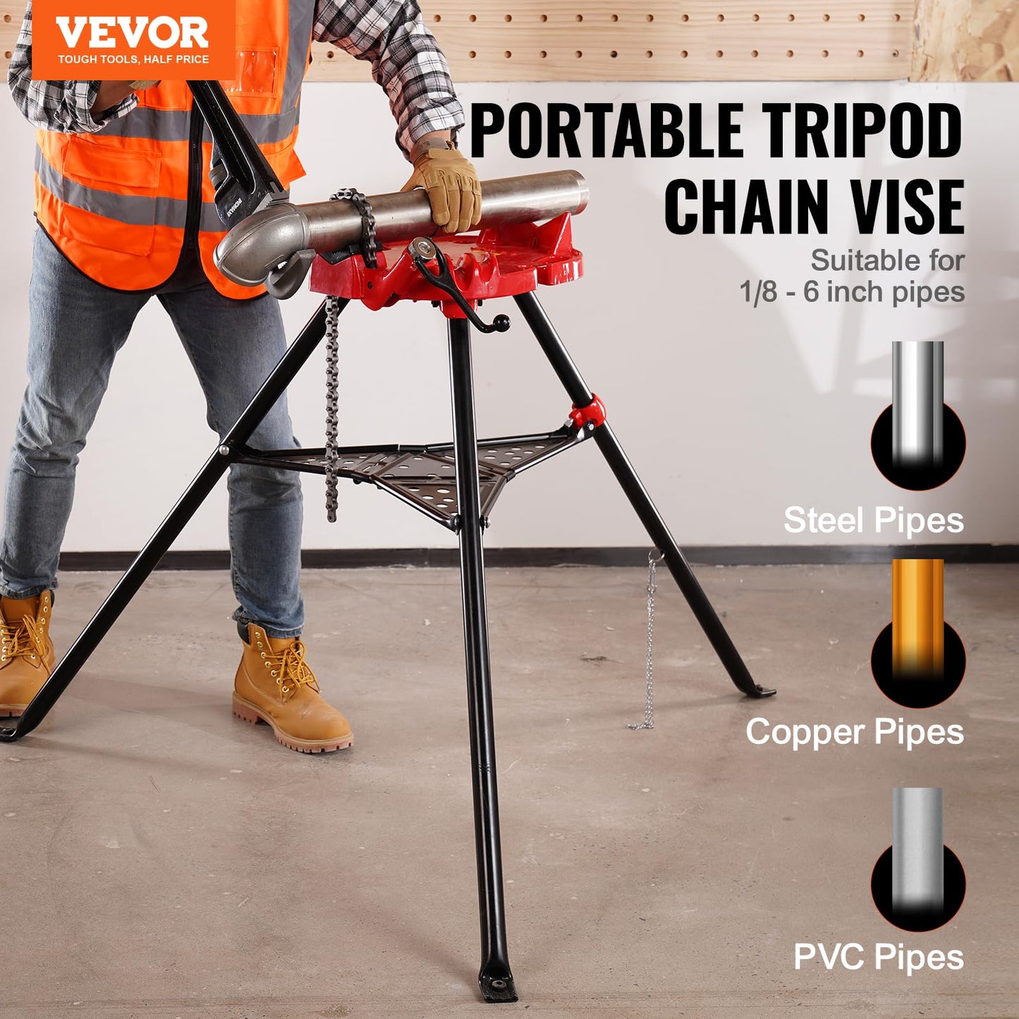 Mophorn 460-6 Tripod Pipe Chain Vise 1/8"-6" Capacity,Pipe Stand Portable Foldable Steel Legs,Pipe Jack Stands w/ Tool Tray, Tripod Stand Chain Vise Ideal for a Variety of Pipe Materials