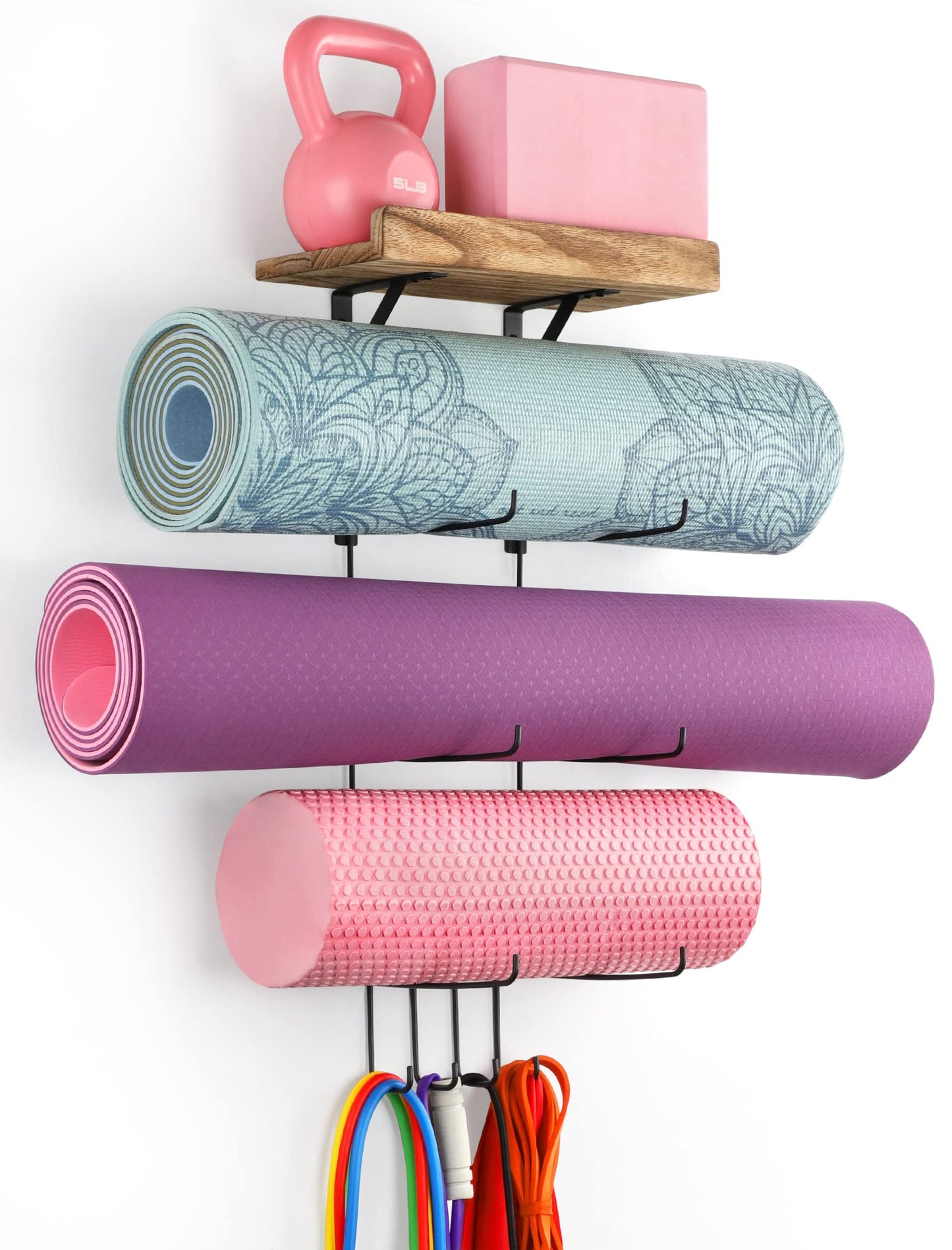 VINAEMO Yoga Mat Holder Accessories Wall Mount Organizer Storage Decor Foam Roller and Towel Storage Rack with 4 Hooks and Wooden Shelves Yoga Mats Rack Resistance Bands for Home Gym School Office