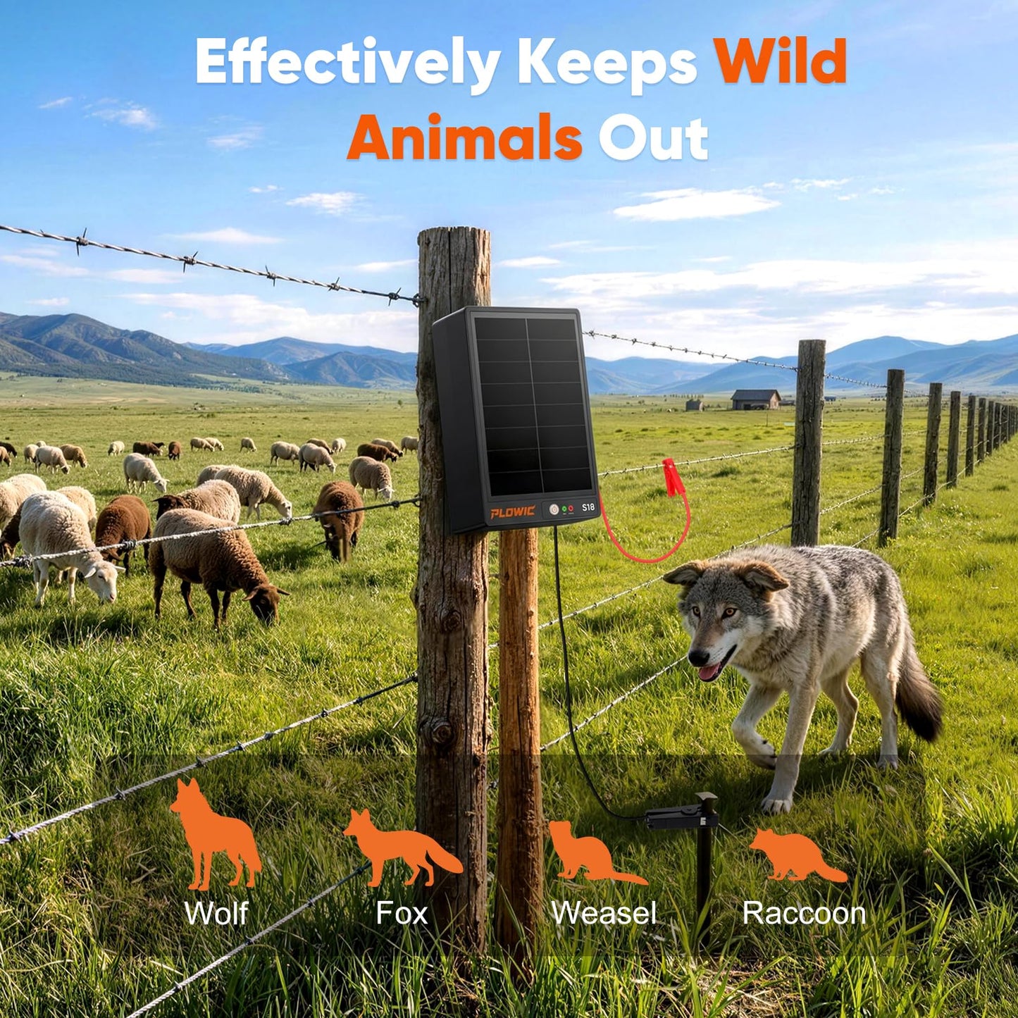 Solar Electric Fence Charger for Livestock: 0.2J 10 Miles Electric Fence Energizer with Rechargeable Battery, Portable Powered Electric Fence for Horses Cattle Sheep Protection