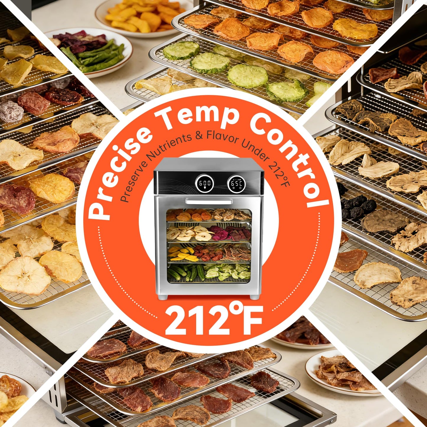 Food Dehydrator Machine, 8 Stainless Steel Trays, 7.24 Sq Ft Large Capacity Food Dehydrator, Precise Temperature Control & Timer, View Window, Dryer for Jerky, Herb, Fruits, Pet Treats