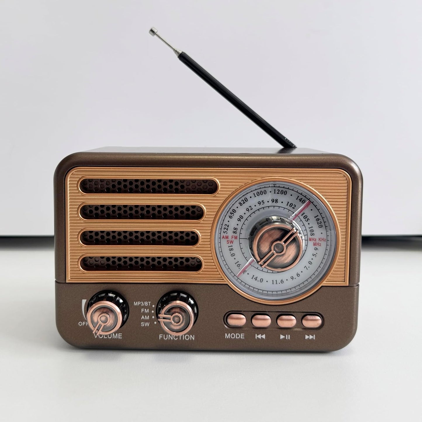 YIONGTAF MP3 Retro AM/FM Portable Radio with Player, Rechargeable Battery, LED Light, Wood Grain Design