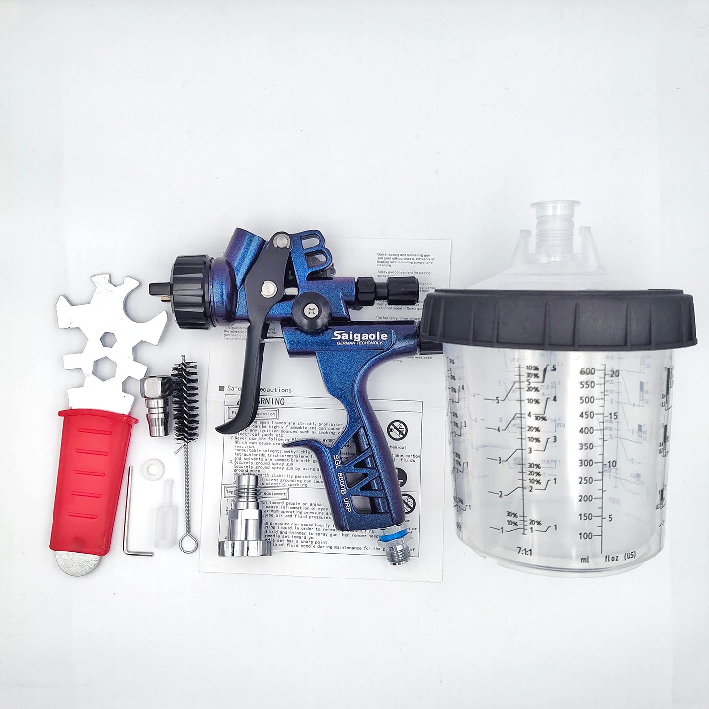 HVLP 6800B spray gun 1.3mm with no wash cup and adapter car spayer painting tool spray air paint gun airbrush low pressure 260L/MIn (Blue)