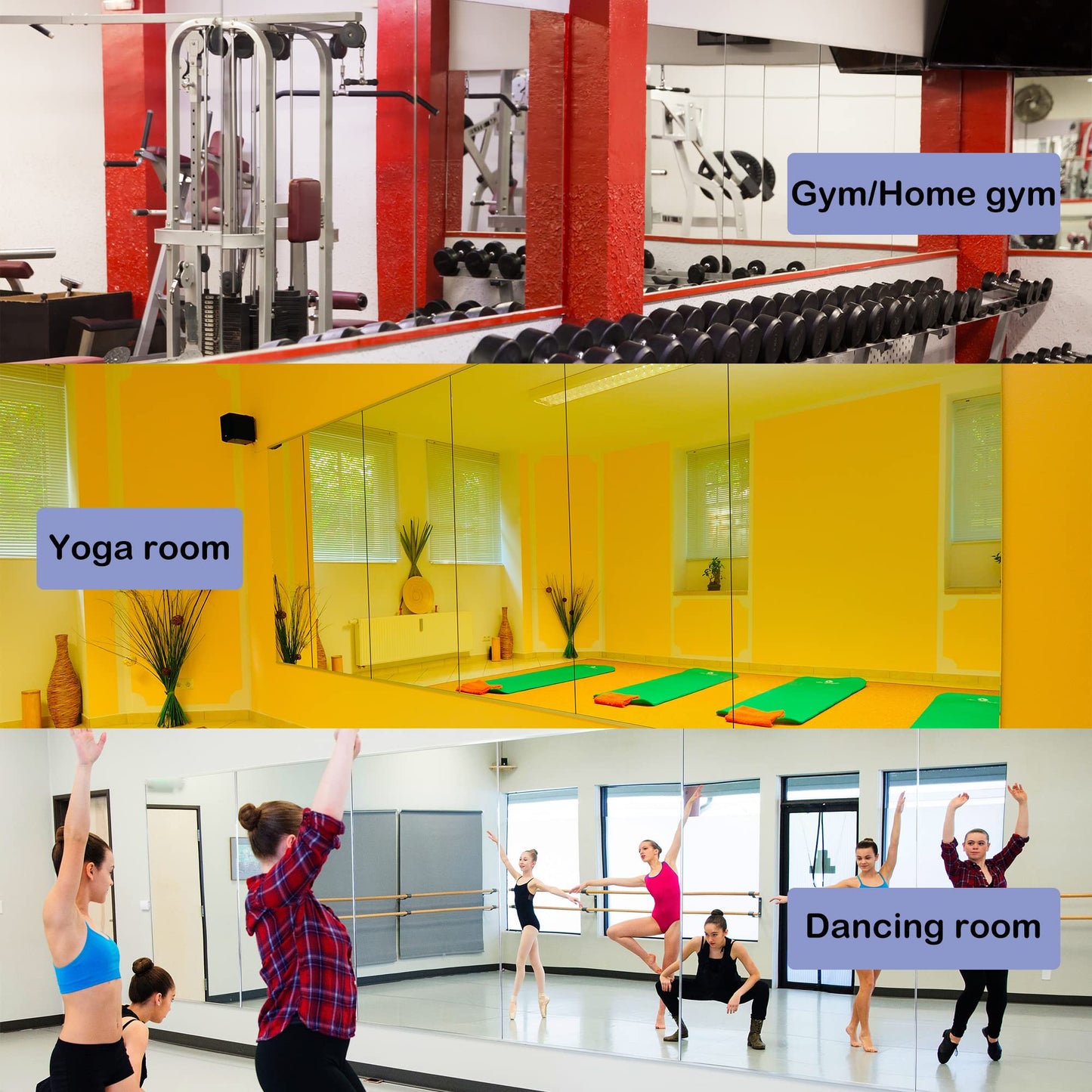 Honyee Home Gym Mirror, 48" x 24" x 3PCS, Wall Mounted Frameless Mirror with Polished Edge, Tempered Glass Mirror, Large Workout Mirror for Home Gym/Yoga Room/Dancing Room and More (48" x 24", 3PCS)