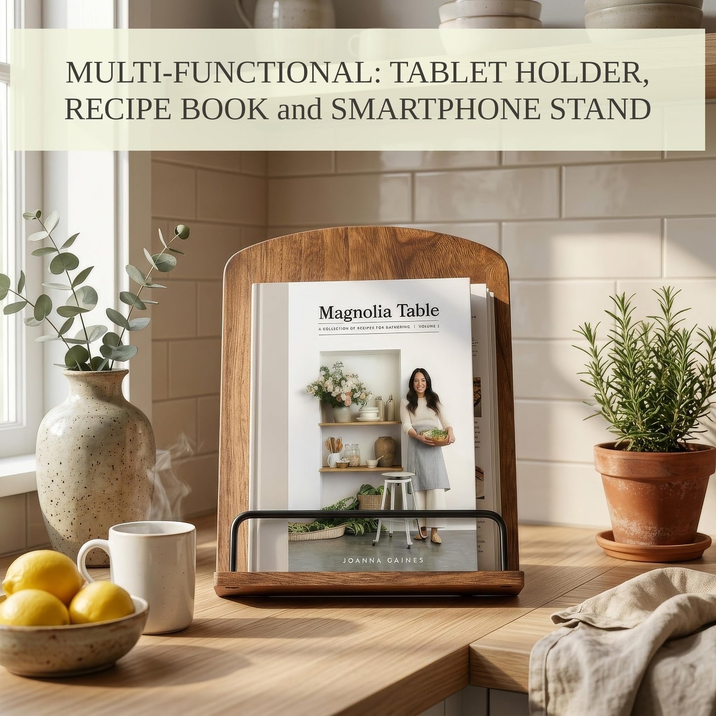 Beautiful Cookbook Stand for Your Kitchen Counter - Solid Wood Stand Easily Keeps Cook or Recipe Books Open for Convenient Cooking - Perfectly Fits Your iPad/Tablet and Enhances Any Kitchen Decor