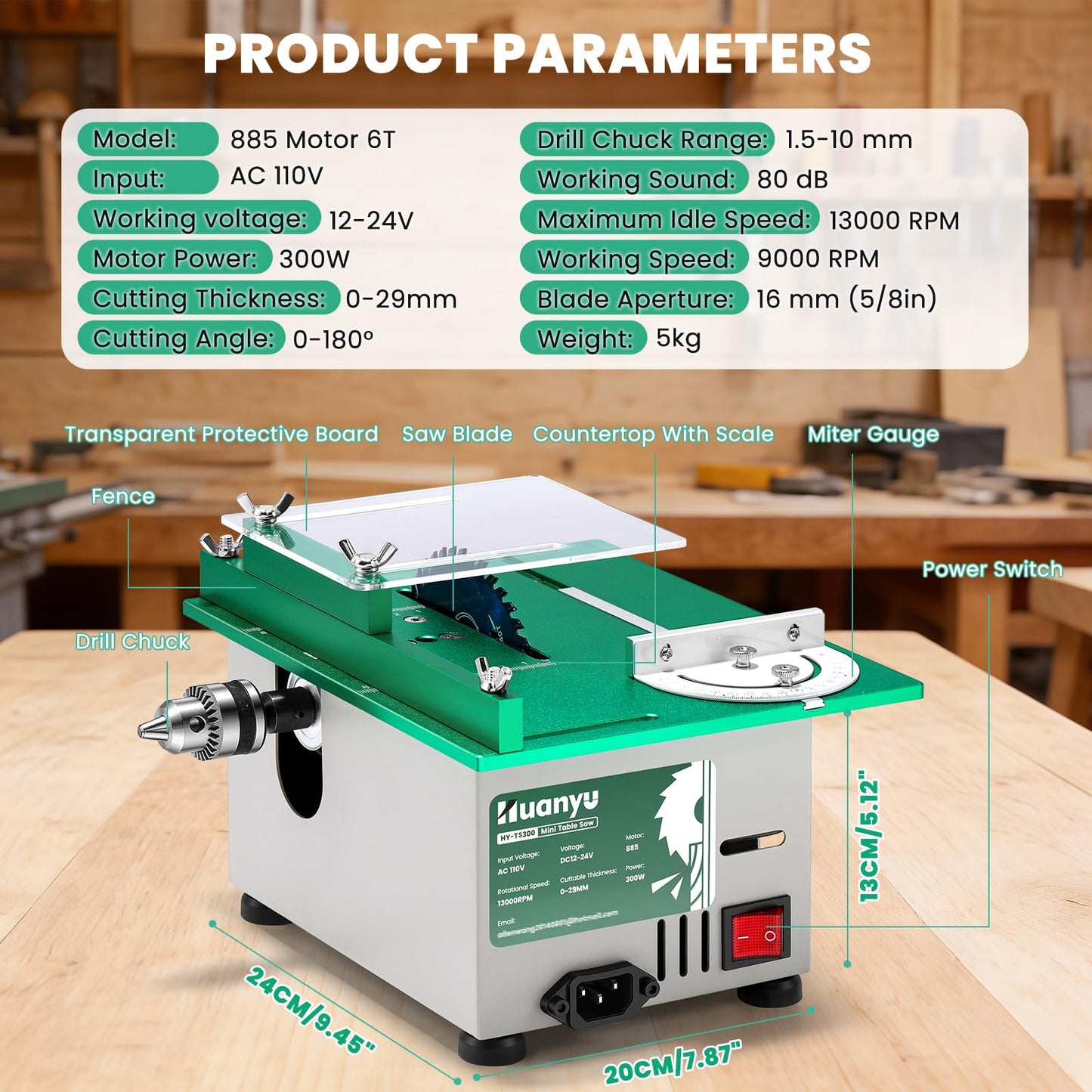 Huanyu Mini Table Saw 300W 1.14IN Cut Depth Portable Precision Hobby Table Saws Set for Wood Model DIY Crafts Woodworking 0-180° Angle Cutting Multifunctional 7-Level Speed Adjustable