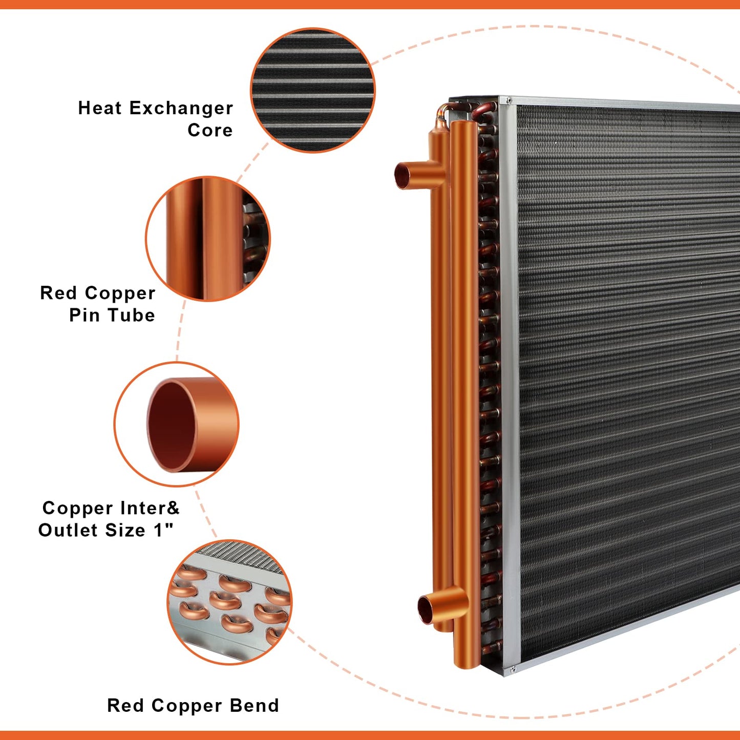 24x24 Heat Exchanger Water to Air, Copper Ports for Outdoor Wood Furnaces, Residential Heating and Cooling, and Forced Air Heating