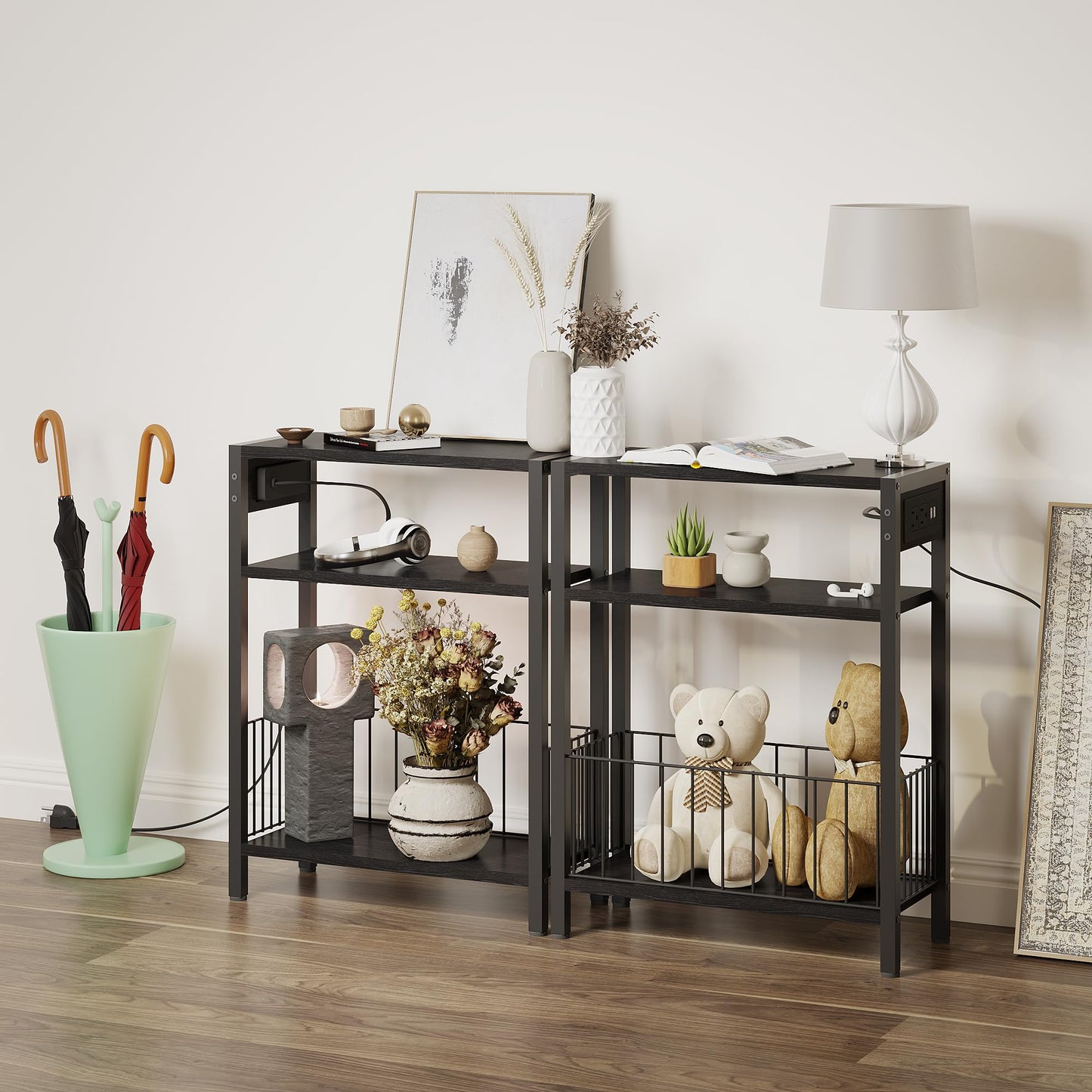 TRIFEBLE Narrow Side Table with Charging Station, Small End Table for Small Spaces, Slim Nightstand with Storage Basket, 3 Tier Skinny Bedside Table for Living Room, Bedroom, Black