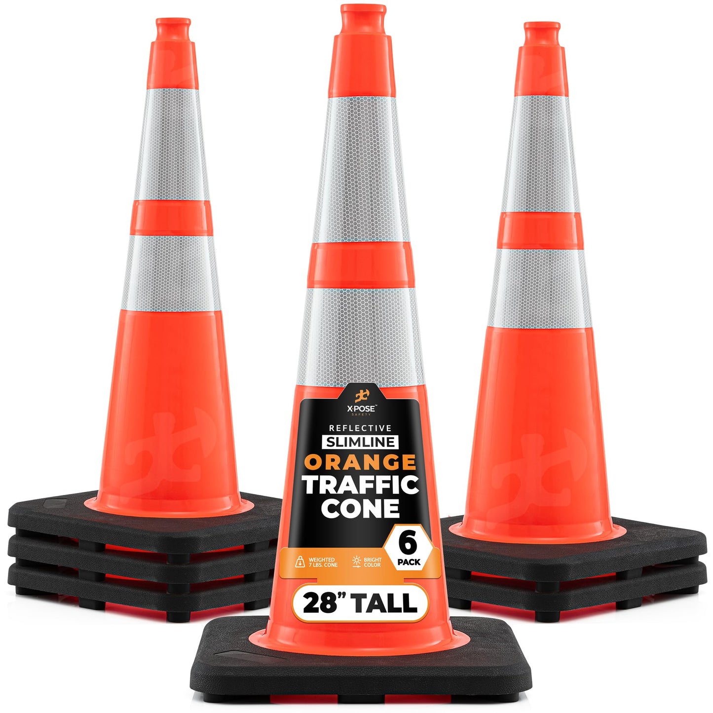 Xpose Safety 28 Inch Orange Slim Line Traffic Cones with 6" & 4" Collars, 6 Pack Multipurpose PVC Plastic Safety Cone for Parking, Soccer, Caution, Kids and Construction - DOT Approved