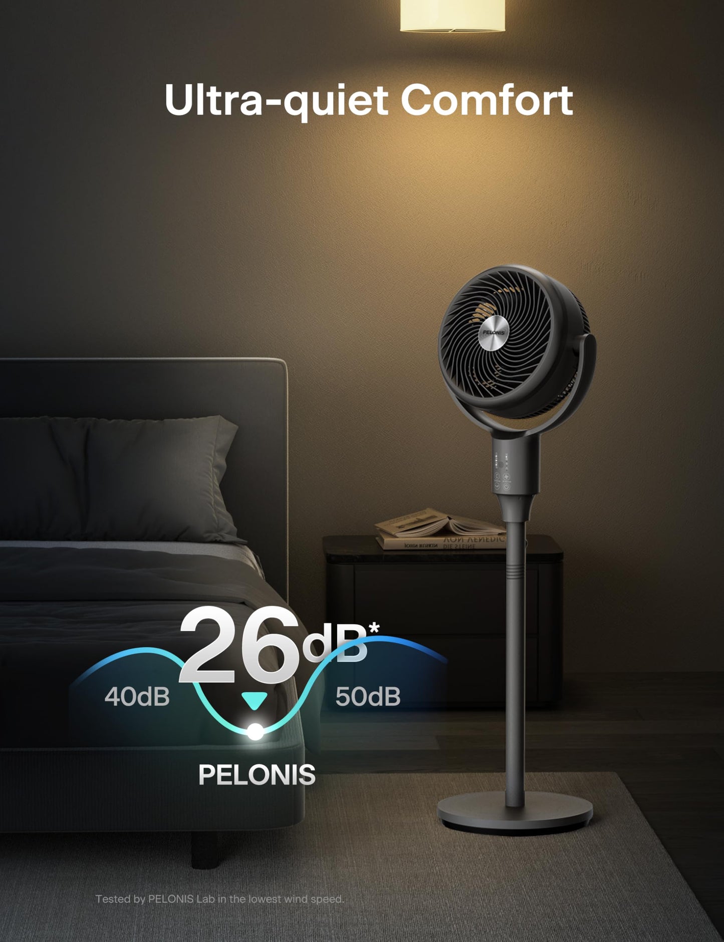 PELONIS Pedestal Fan, Air Circulator, Ultra OmniFlow (135°+90°Auto Oscillation), Quiet Floor Fan with 3 Speeds, Remote, 7H Timer, Memory Function, Adjustable Height, Standing Fan for Bedroom