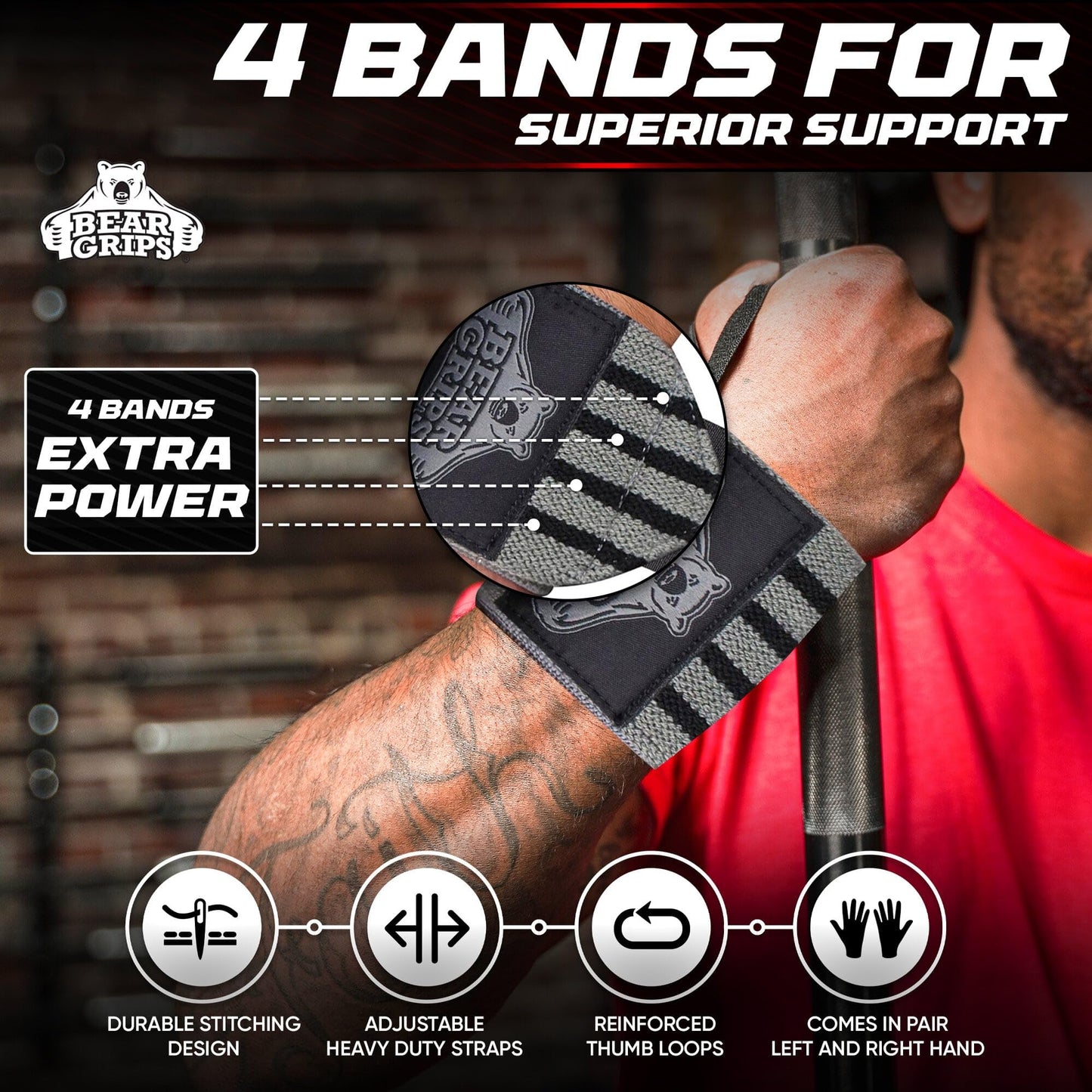 Bear Grips Extra Strength Gym Wrist Wraps for Weightlifting | 2 Wrist Wraps Per Pack | 12" & 18" | Unisex