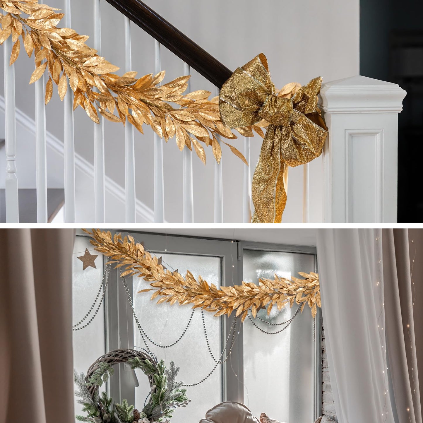 Jutom 9 Ft Gold Christmas Bay Leaf Garland Decoration Gold Bayleaf Garland for Christmas Fireplace Front Door Stairs Decoration Xmas Holiday Winter Engagement Birthday Wedding Supplies
