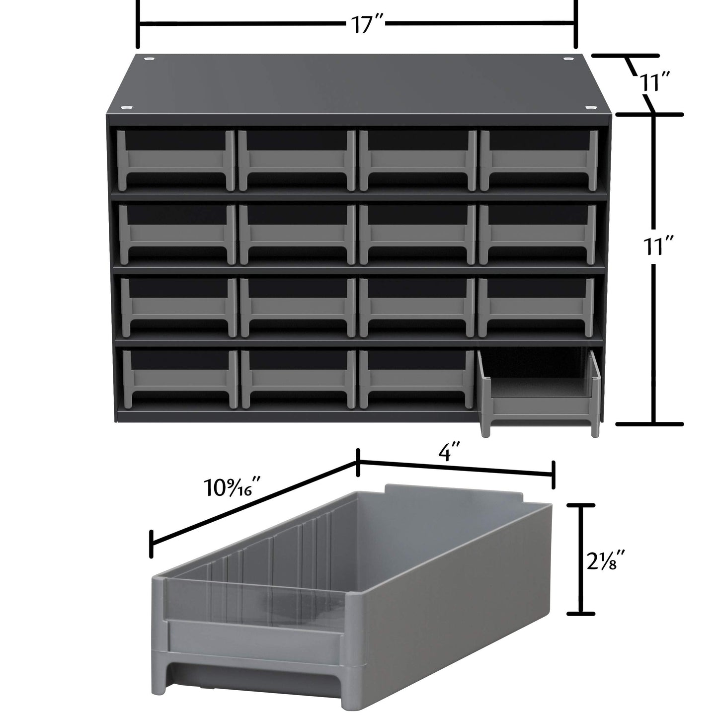 Akro-Mils Steel Garage Storage Cabinet, Small Parts Organizer Metal Cabinet for Hardware, Nails, Screws, Bolts, Nuts, and More, 17" W x 11" D x 11" H, 16-Drawer, Gray Cabinet/Black Drawers (19416)