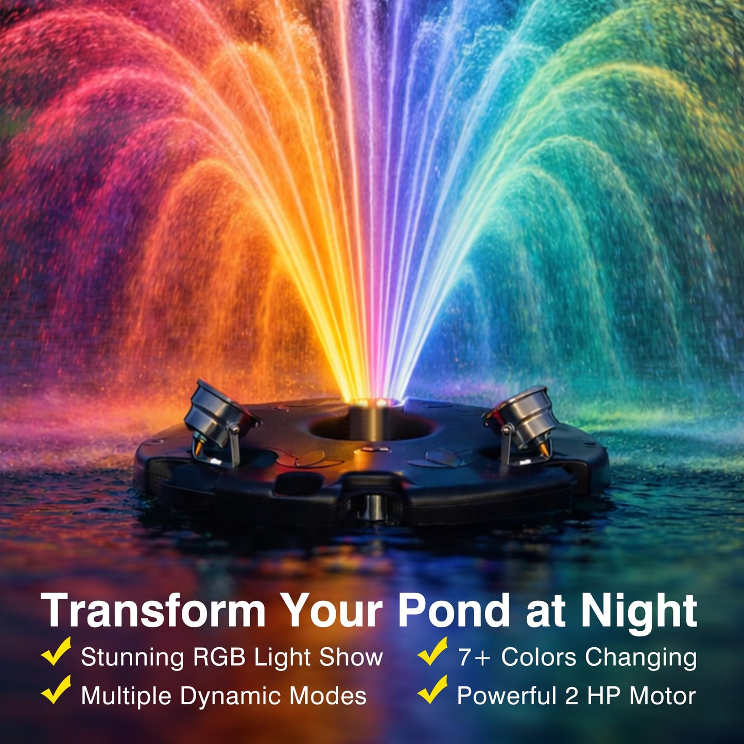 2HP Pond Fountain Aerator with 3 RGB LED Lights, 120V 30000 GPH Floating Water Pump, Automatic Aerating Pump for Large Ponds, Lakes, and Outdoor Water Features, with Controller, APP & Remote Control