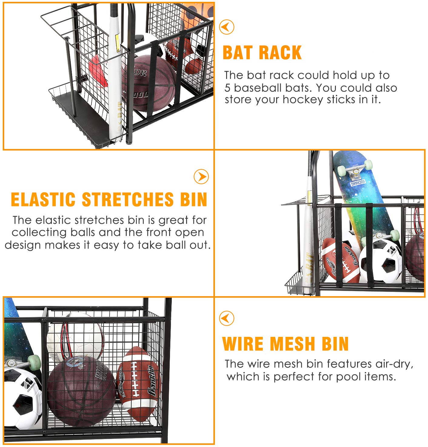 Snail Garage Storage System Sports Equipment Organizer with Baskets and Hooks, Sports Gear and Ball Storage Rack with Wheels for Garages, Playgroup, Gym and Schools, Powder Coated Steel, Black