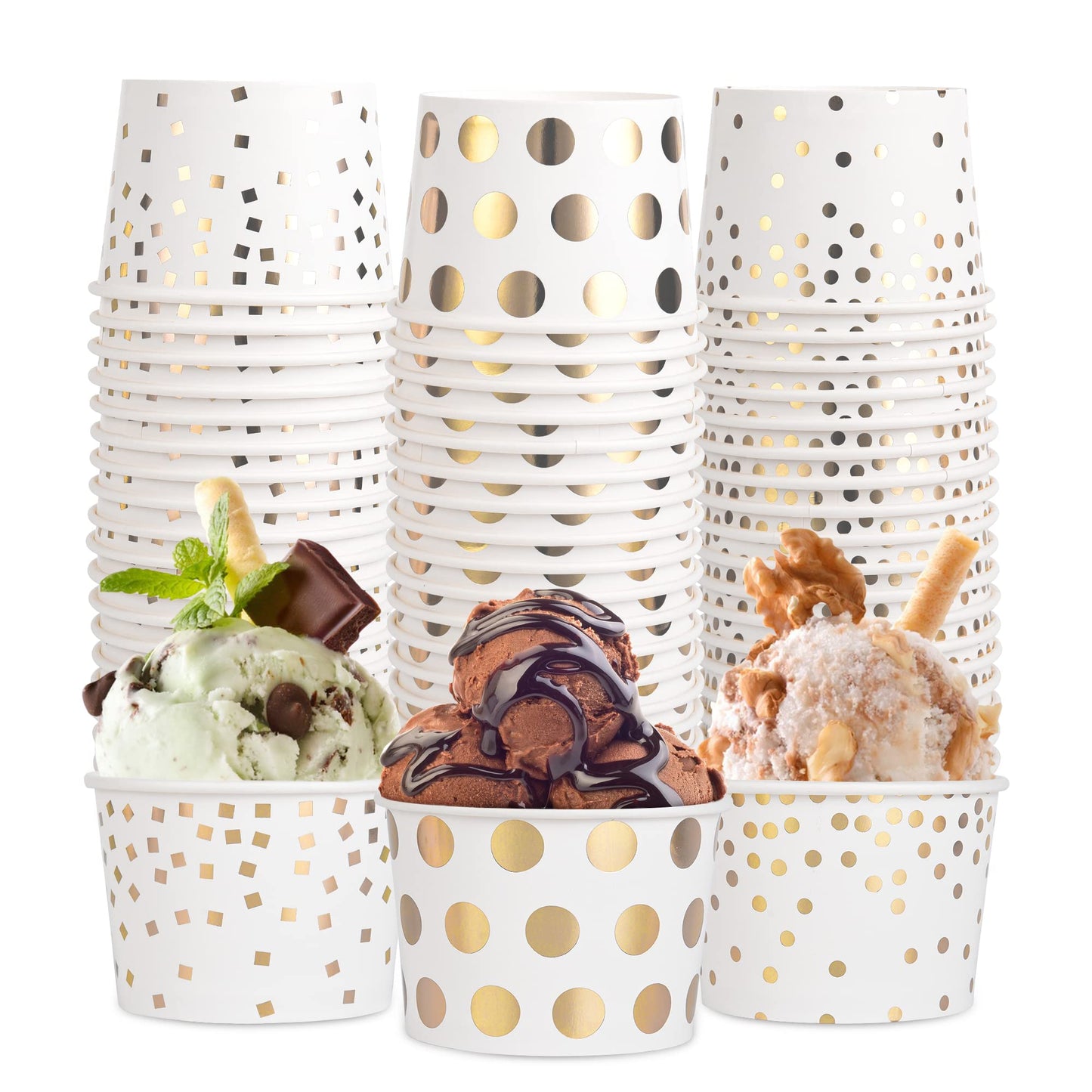 AimFun 60 Pcs Treat Snack Cups Gold Dessert Cups 8oz Disposable Paper Ice Cream Cups for Hot or Cold Food Container Birthday Christmas Party Supplies