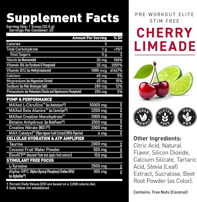 Kaged Pre Workout Elite Stim Free Powder | Cherry Limeade | Pre-Workout with Creatine, Beta Alanine, L-Citrulline, BCAAs | Caffeine Free | Pre Supplements for Men & Women | 20 Servings