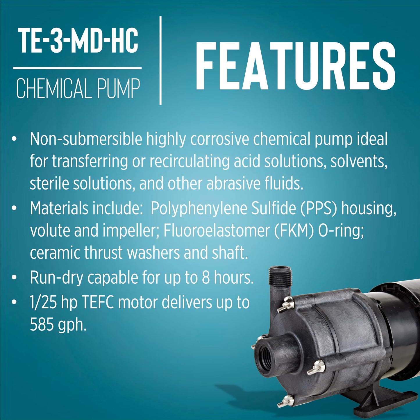 Little Giant TE-3-MD-HC 230 Volt, 1/20 HP, 585 GPH Non-Submersible Highly Corrosive Chemical Transfer Magnetic Drive Pump, 6-Ft. Power Cord (Plug-less), Black, 581614