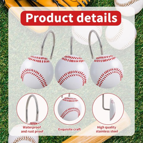 CTOHN 12PCS Baseball Shower Curtain Hooks, Sports Stainless Steel Decorative Shower Hangers Rings for Bathroom Decor