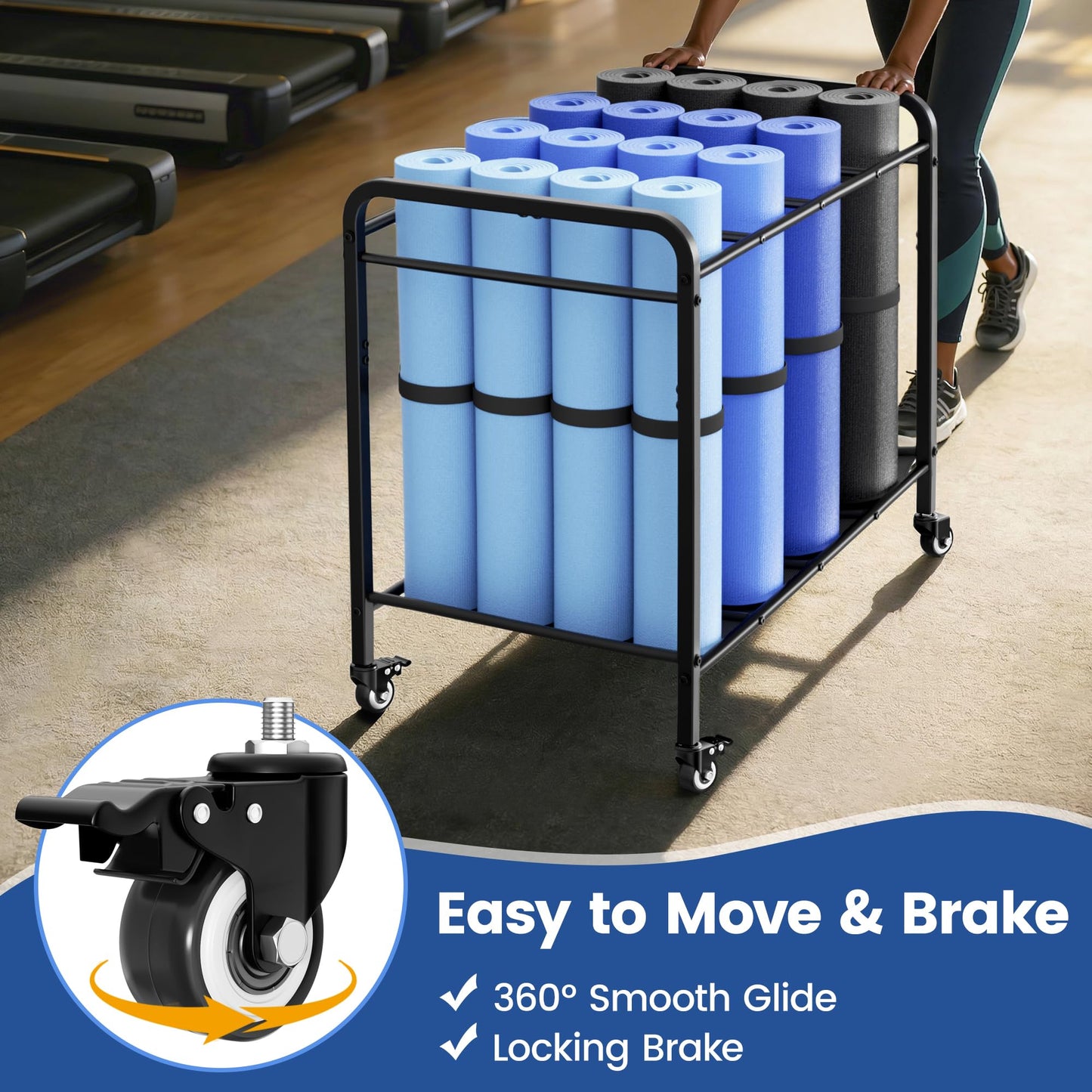 Black Yoga Mat Storage Rack Basket with Wheels, Floor-Standing Metal Yoga Mat Cart Workout Equipment for Foam Roller Dumbbells Kettlebells,in Gym,Fitness Classes, Yoga Studio & Home Gym