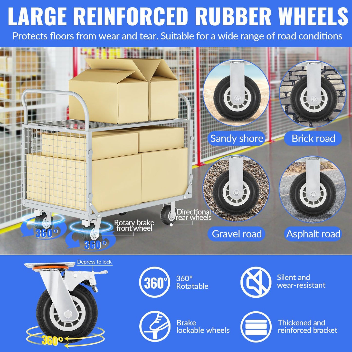 Platform Truck Cart with Cage, Multipurpose 5 in1Foldable Hand Truck, Heavy Duty Flatbed Cart, Load 2500LB with 4 Swivel Casters, Multi-Functional Push Cart for Grocery, Laundry, Shelving, Pantry