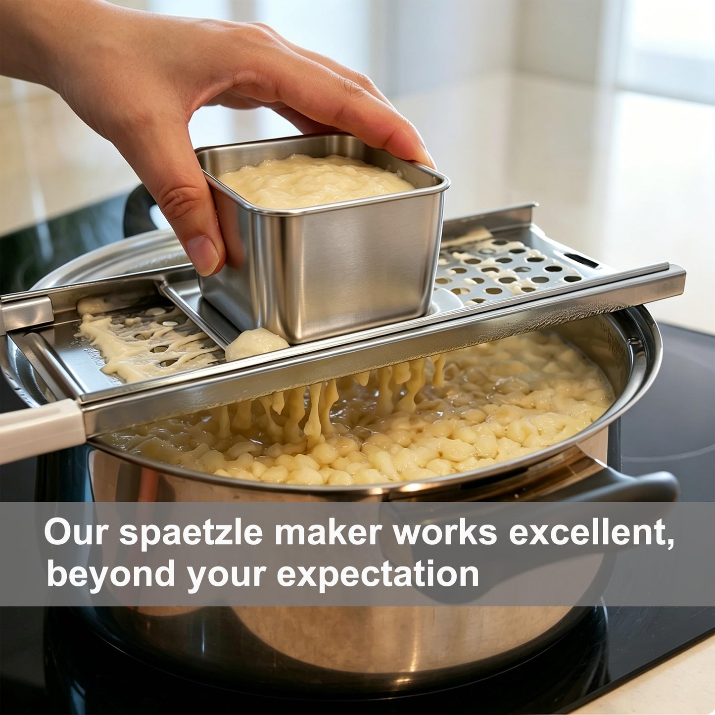 Spaetzle Maker, METLUCK Stainless Steel Spaetzle Press with Strainer Skimmer, Premium German Spaetzle Maker with Comfort Handle, Traditional Egg Noodle Dumpling Maker Tool for Home Cooking