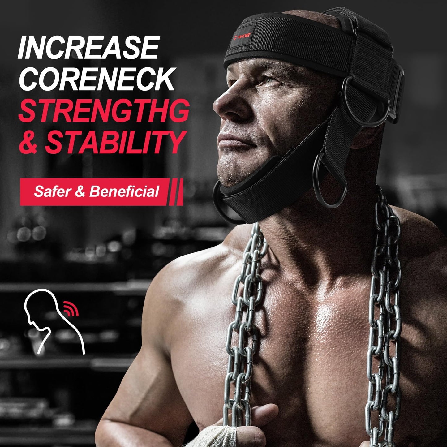WKWE Neck Harness for Increases Neck Core Strength - Neck Exerciser with 30" Heavy Duty Steel Chain for Safely Lifting Weights Up to 280 lbs, Adjustable Head with Nylon Tether and 2 Carabiners Manually-operated exercise equipment