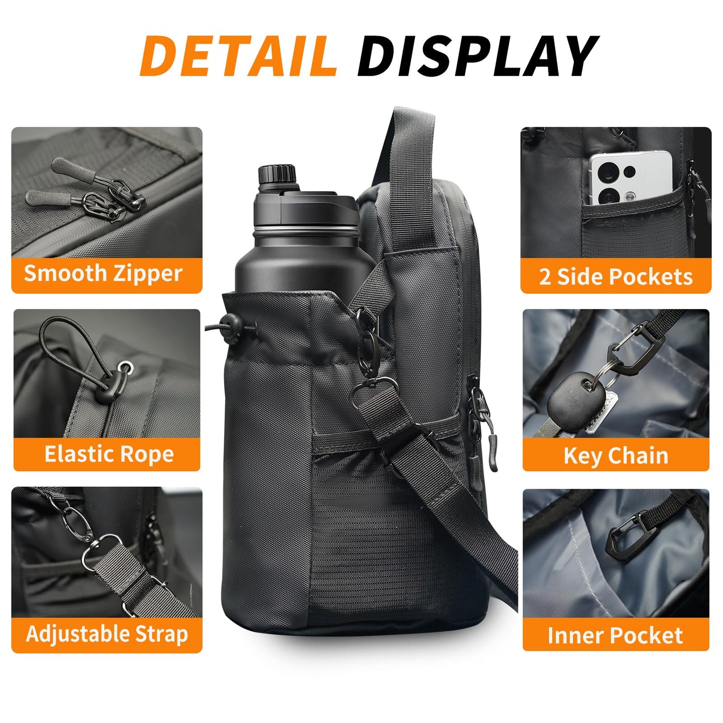 seektik Magnetic Gym Bag for Women and Men, Magnetic Water Bottle Holder with Strap and Phone Pocket (Black)