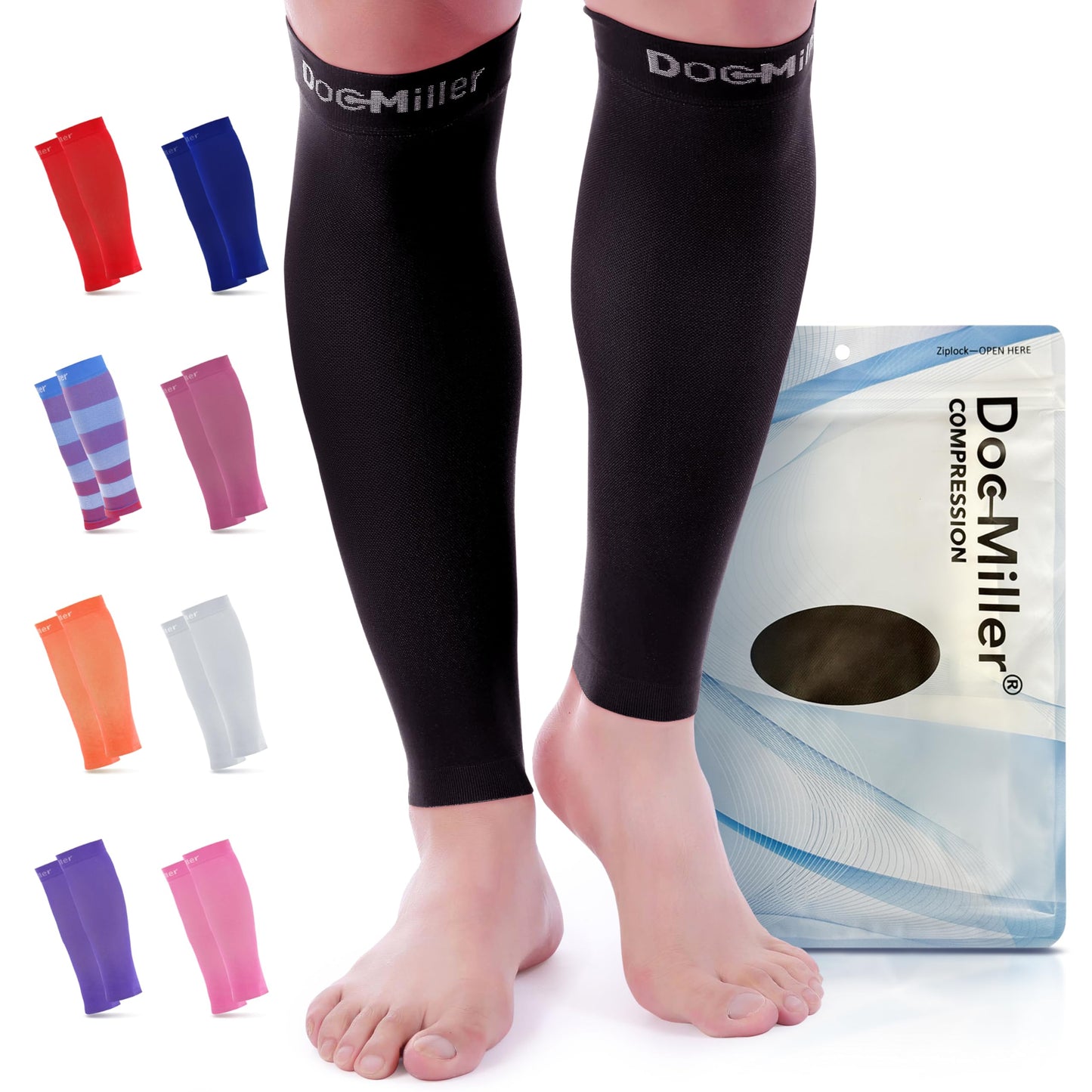Doc Miller Premium Calf Compression Sleeve 1 Pair 20-30mmHg Graduated Support for Sports Running Circulation Recovery Shin Splints Varicose Veins (Black, Large)