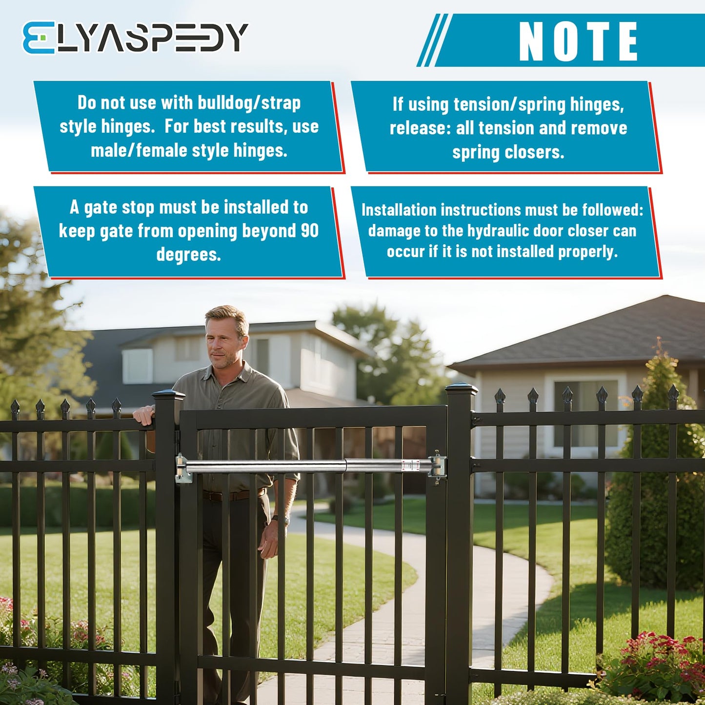 TB400SS Hydraulic Outdoor Gate Closer for 75 to 175 lbs, Stainless Steel, Width 40 to 64 Inches, Opening Pressure 6 to 12 Pounds, for Farms, Ranches, Gardens, Sports Complexes, Home Yards