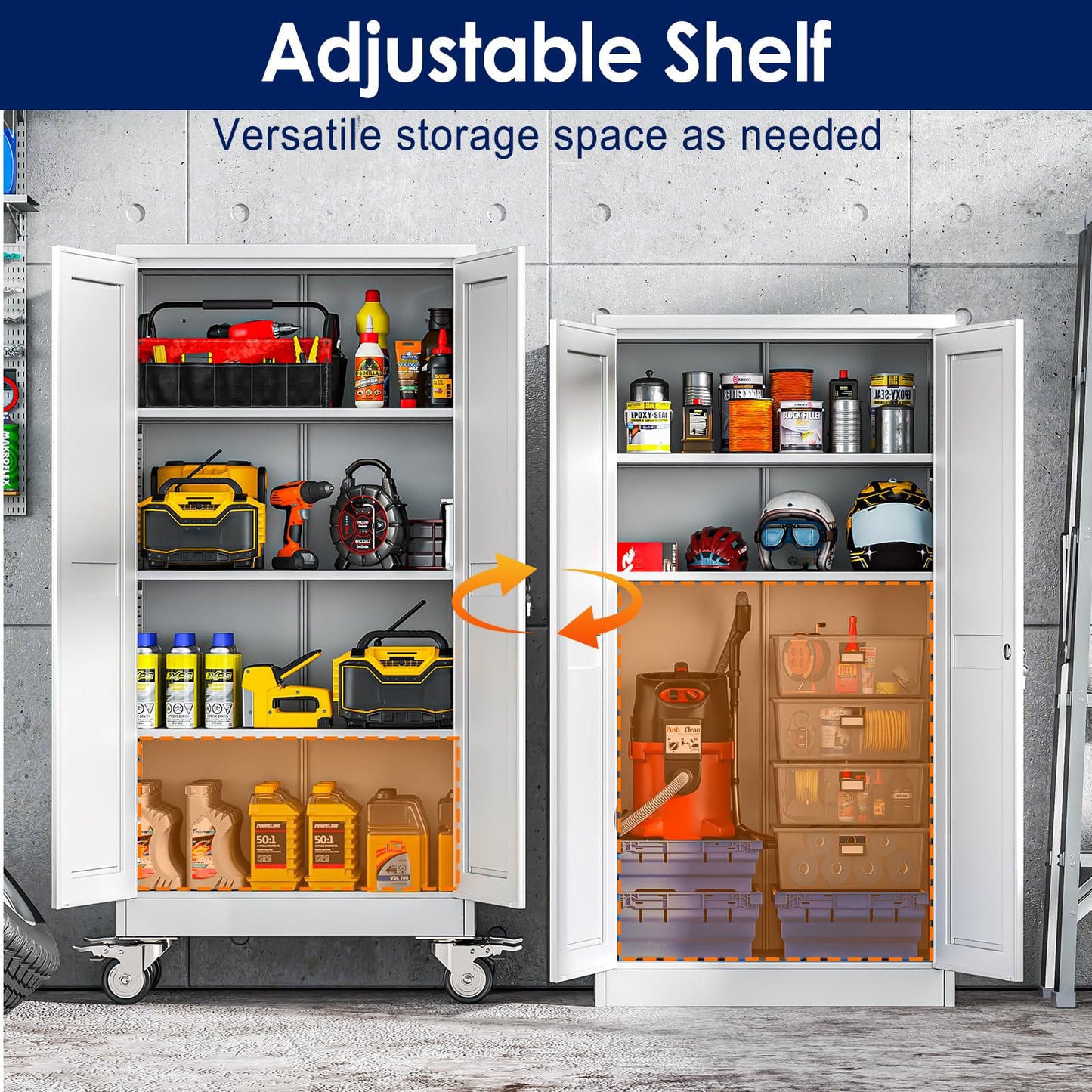 erosoei 61" H Metal Garage Storage Cabinet, Rolling Tool Cabinet with 2 Doors and Wheels, Locker Steel Cabinet with 3 Adjustable Shelves, Organization Cabinet for Garage,Office,Home,Gym,School（White）