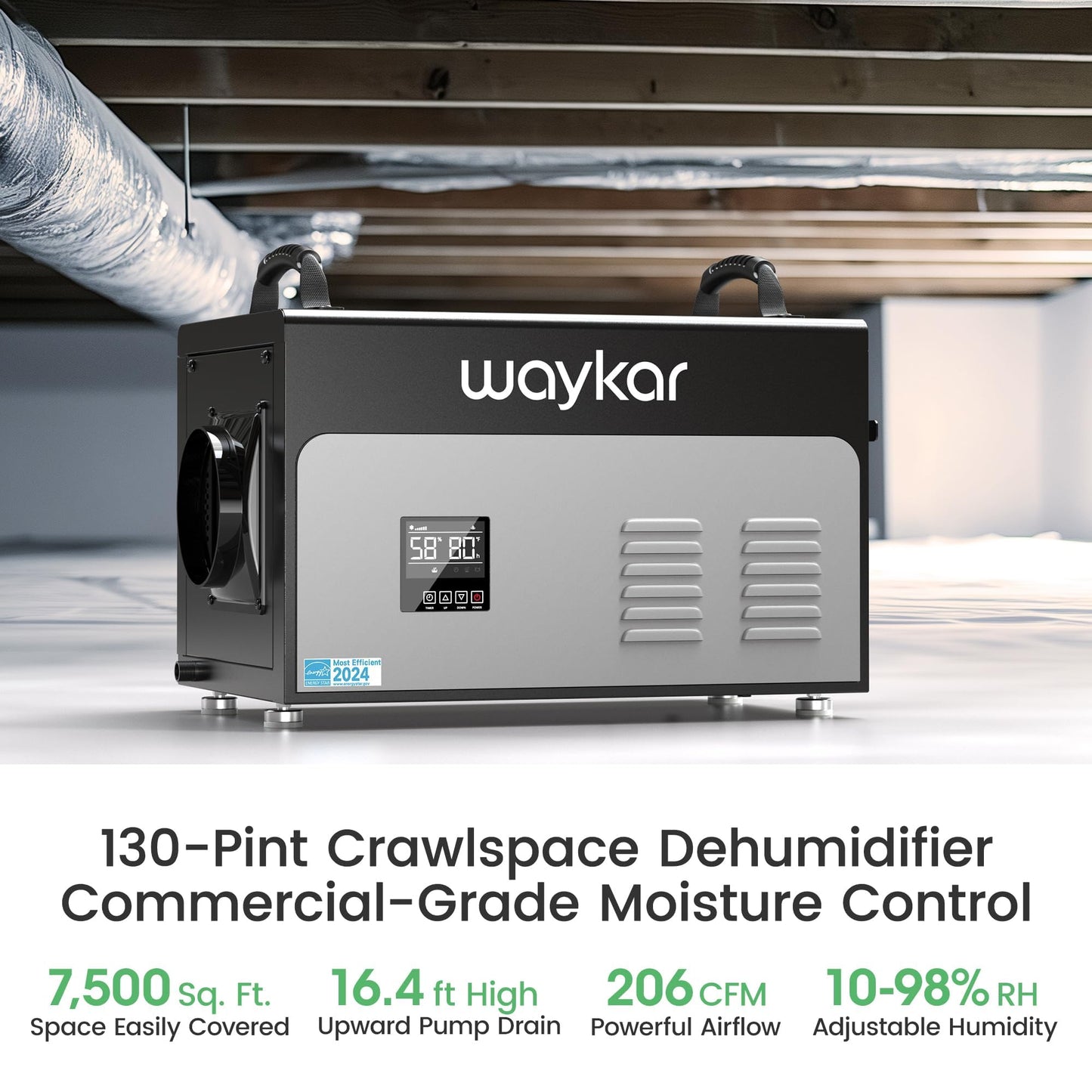 Waykar 130 Pints Energy Star Most Efficient Commercial Dehumidifier with Pump and Drain Hose for Crawl Spaces, Basements, Ducted Industrial Use, and Water Damage Unit - 5-Year Quality Coverage