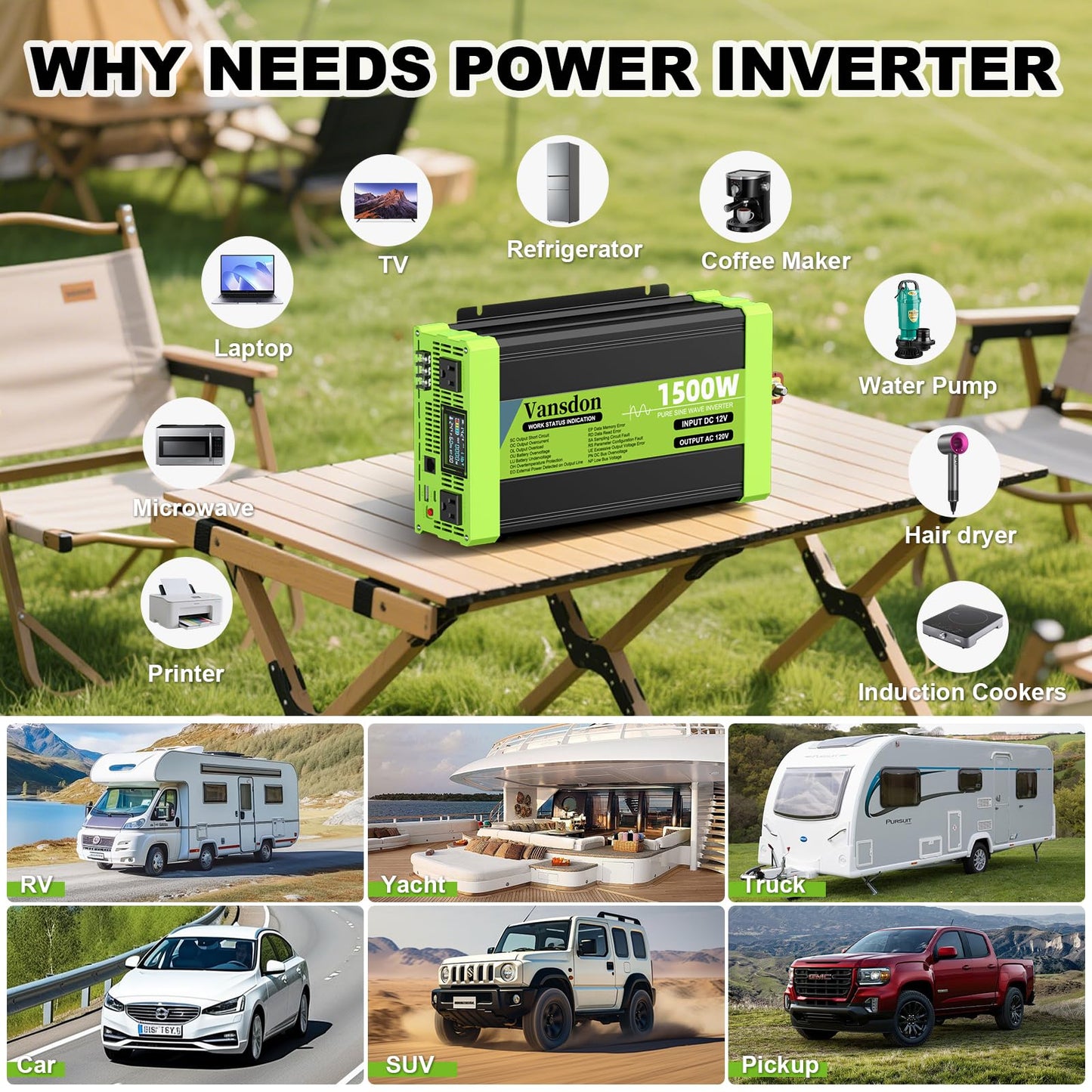 Vansdon 1500W Pure Sine Wave Inverter 12V DC to 120V AC Power Inverters for RV,Truck, Vehicles, Solar, Off-Grid, Car Power Inverter with LCD Display, 2 AC Outlet, 30W USB-C, 5V 2.1A USB, Surge 3000W