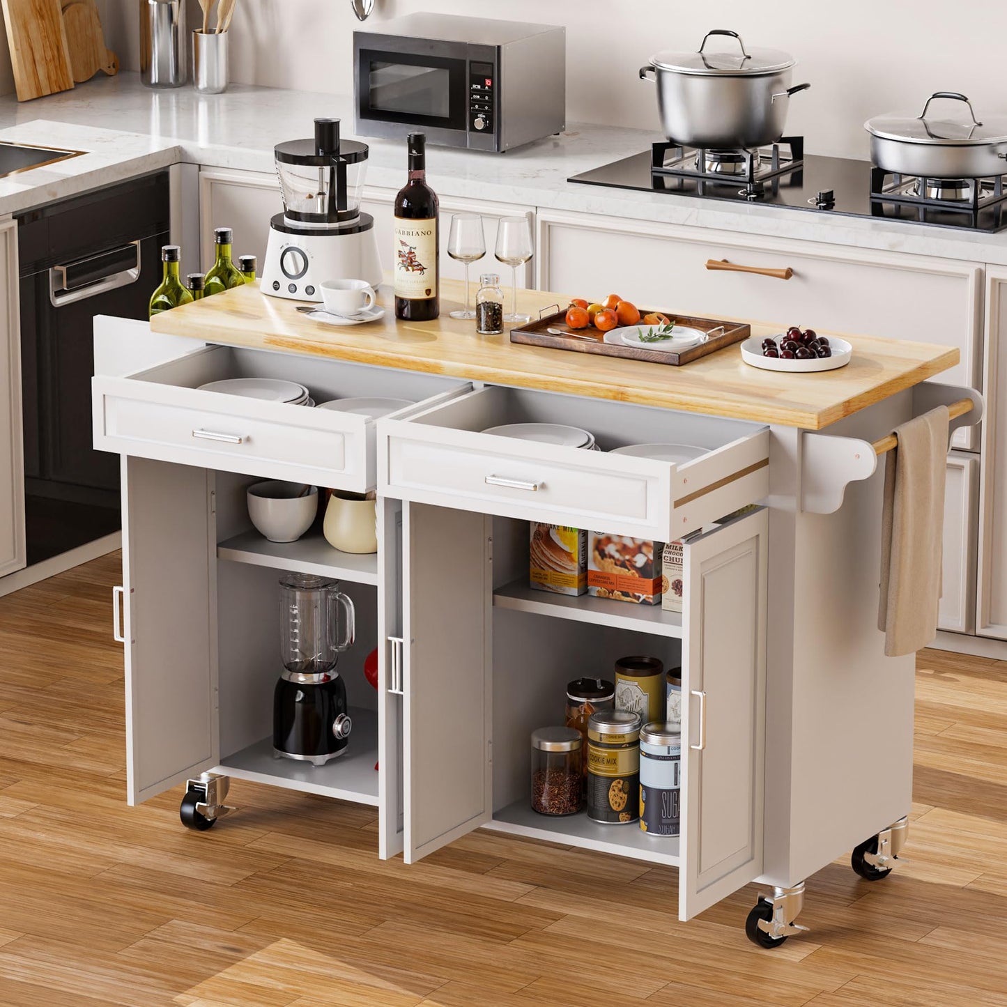 HiDSLiving Kitchen Island with Storage 54" Large Rolling Kitchen Island Cart On Wheels 2 Cabinets 2 Drawers,Spice Towl Rack Mobile Kitchen Table White (No Drop Leaf)